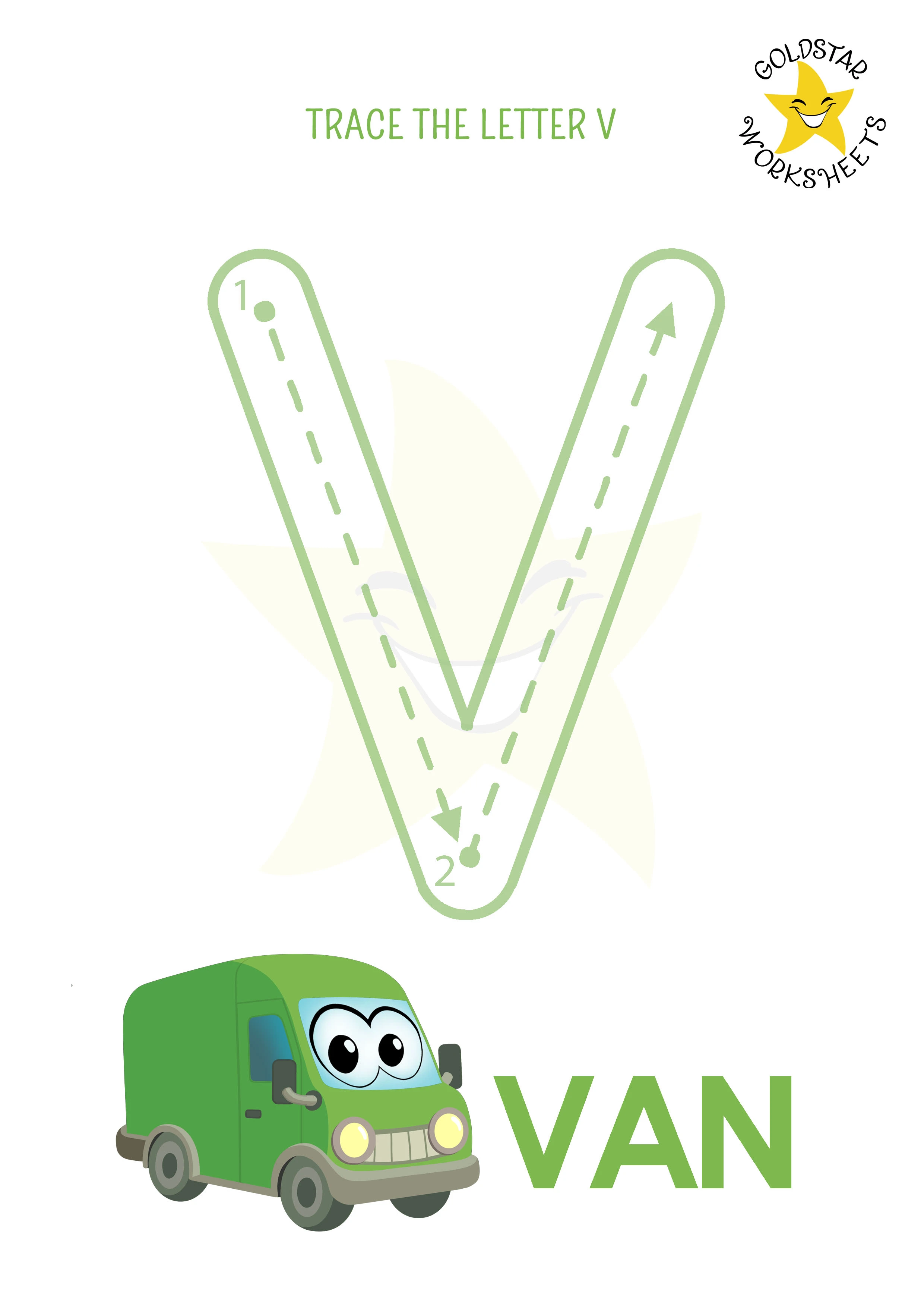 V: Big letter V tracing worksheet with van illustration