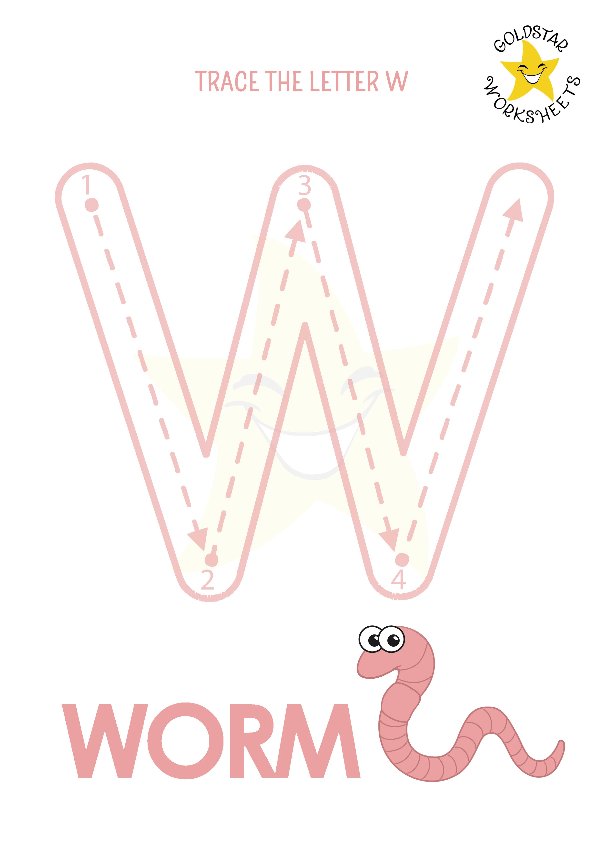 W: Big letter W tracing worksheet with worm illustration