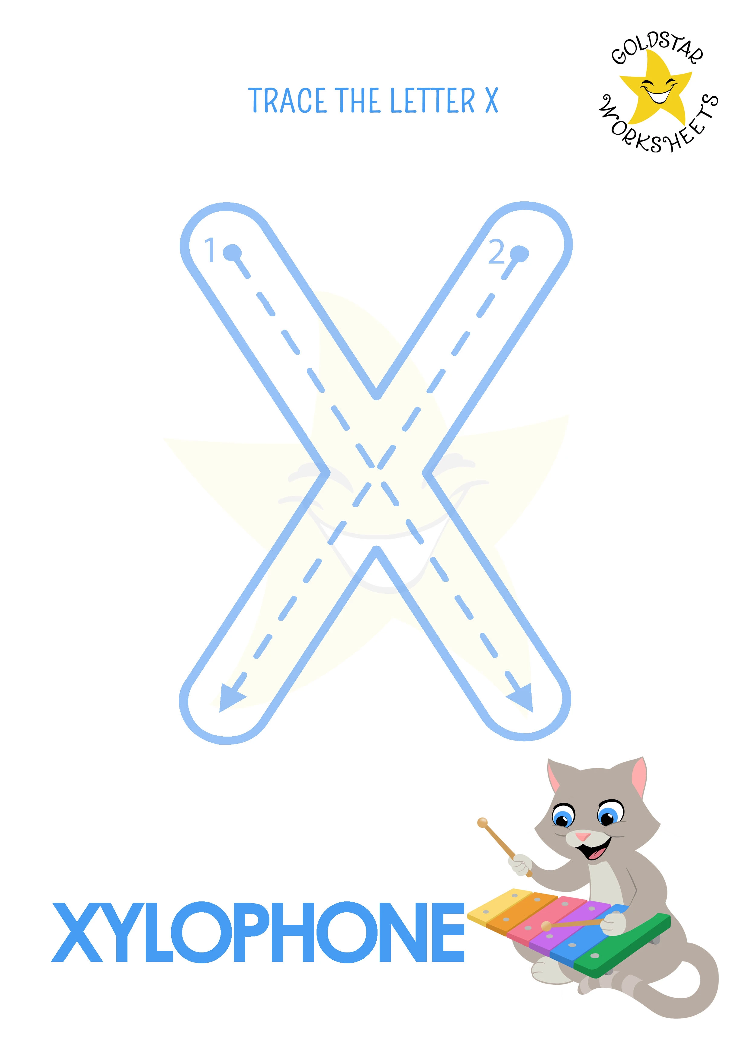 X: Big letter X tracing worksheet with xylophone illustration