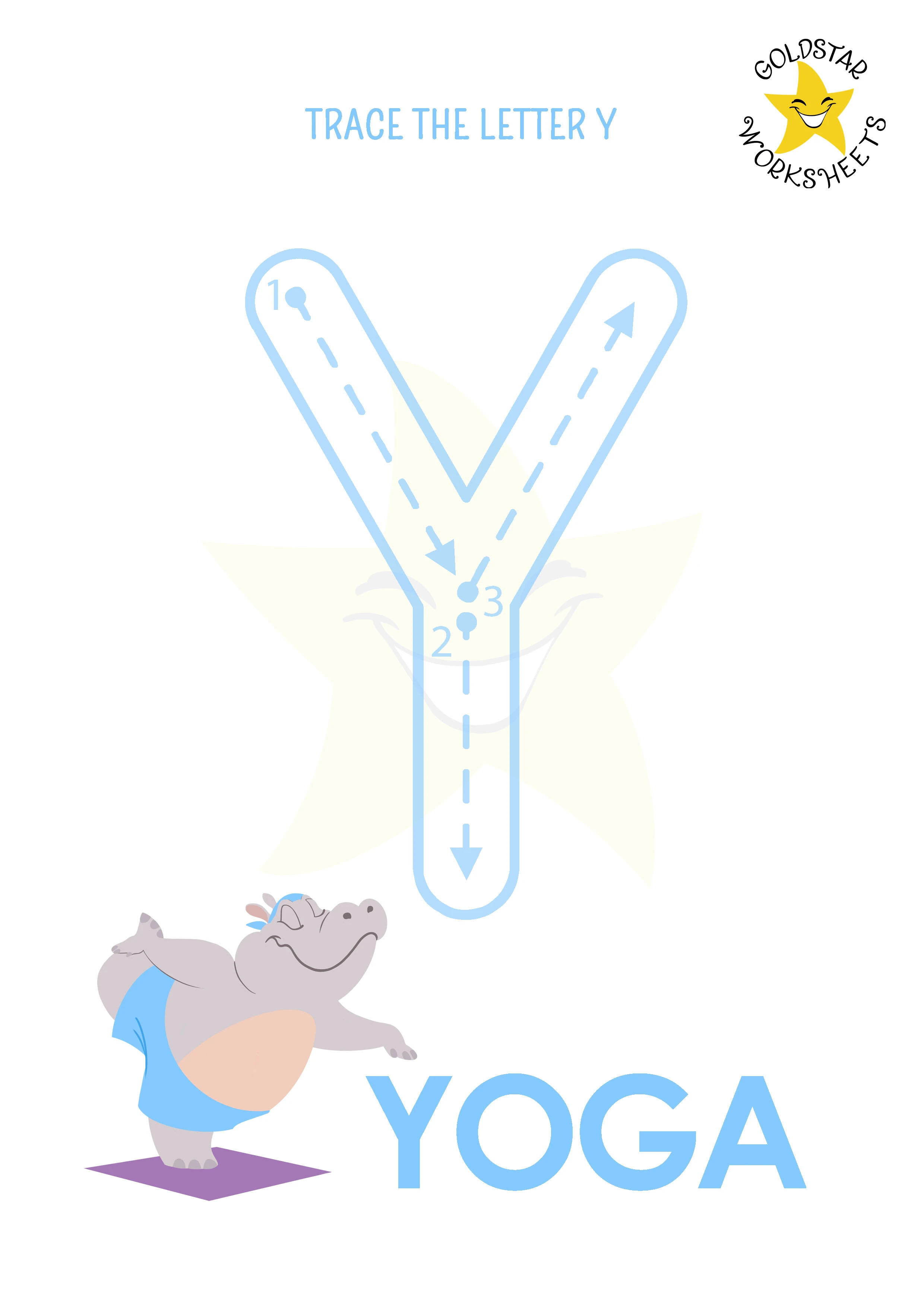 Y: Big letter Y tracing worksheet with yoga illustration