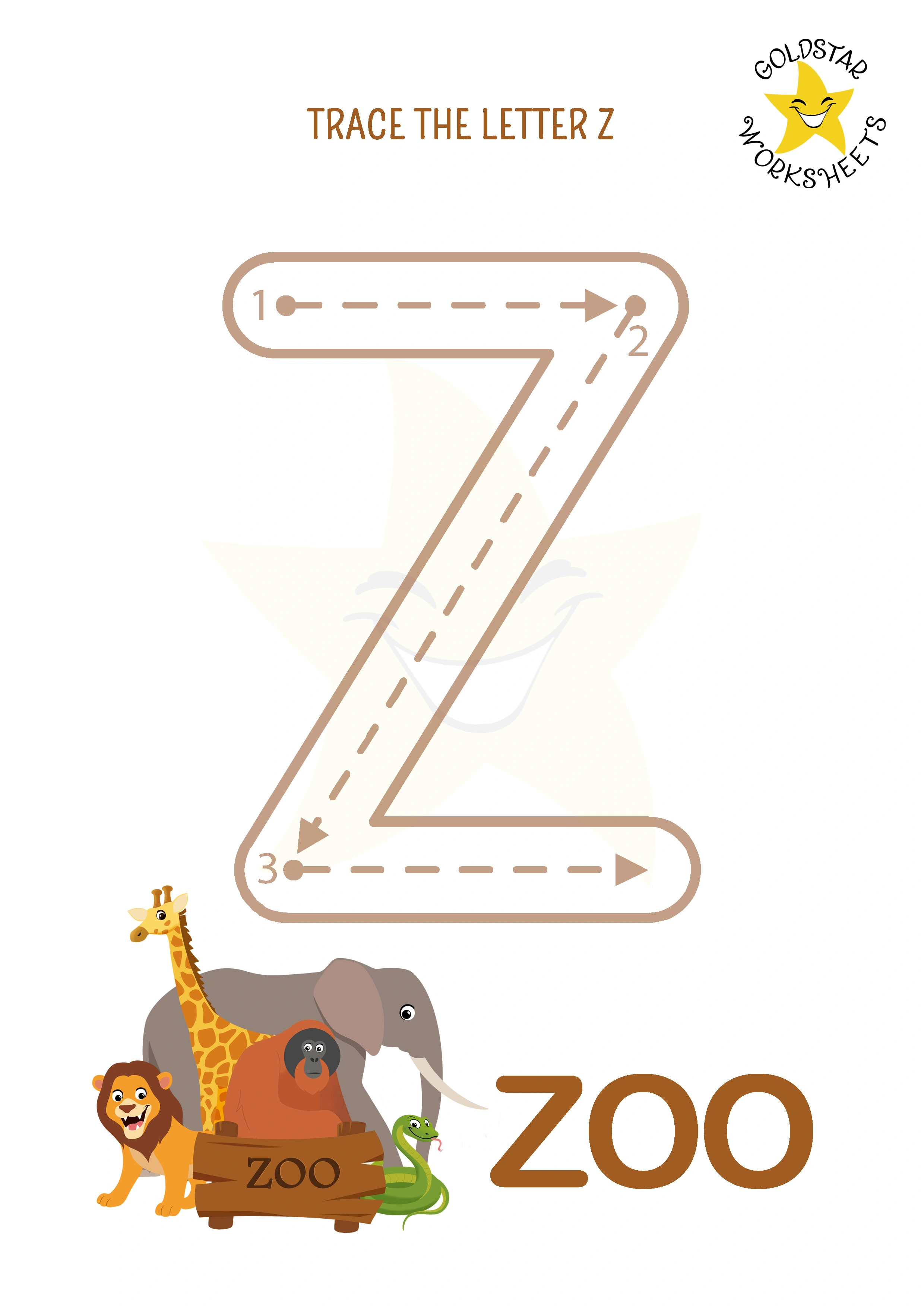 Z: Big letter Z tracing worksheet with zoo illustration