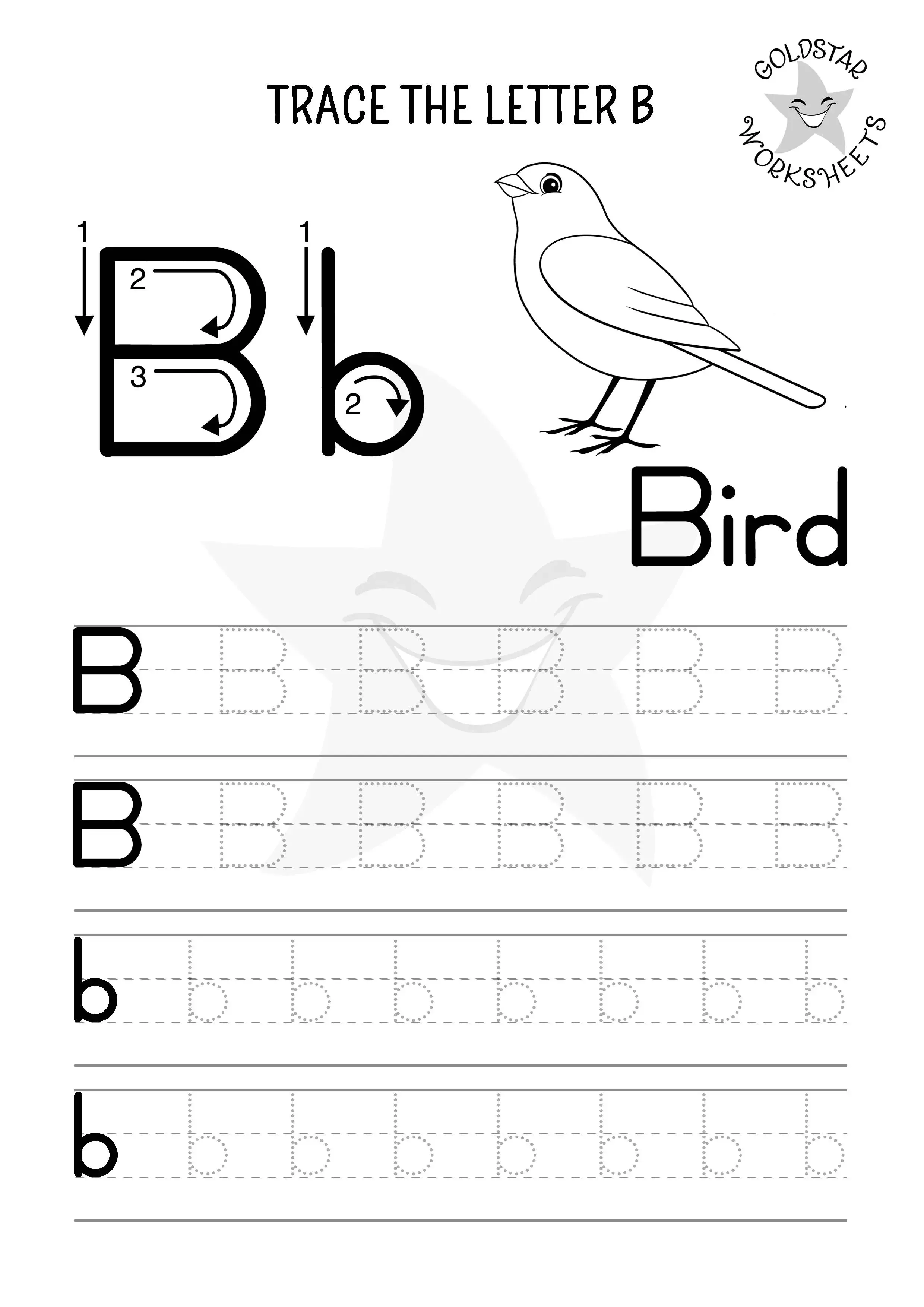 B for Bird – Mixed case B tracing worksheet in black and white