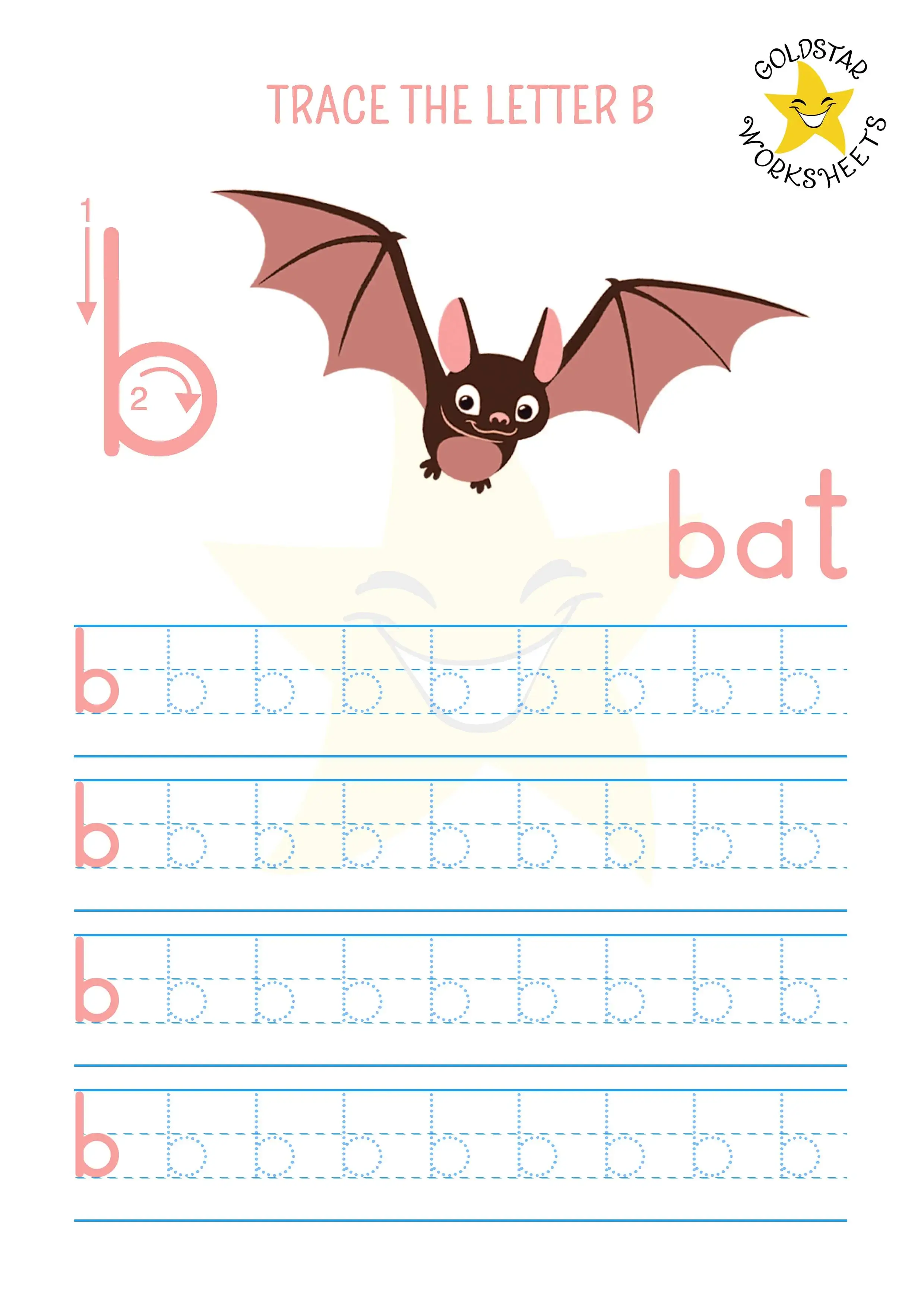 Lowercase letter B tracing worksheet featuring a cute bat