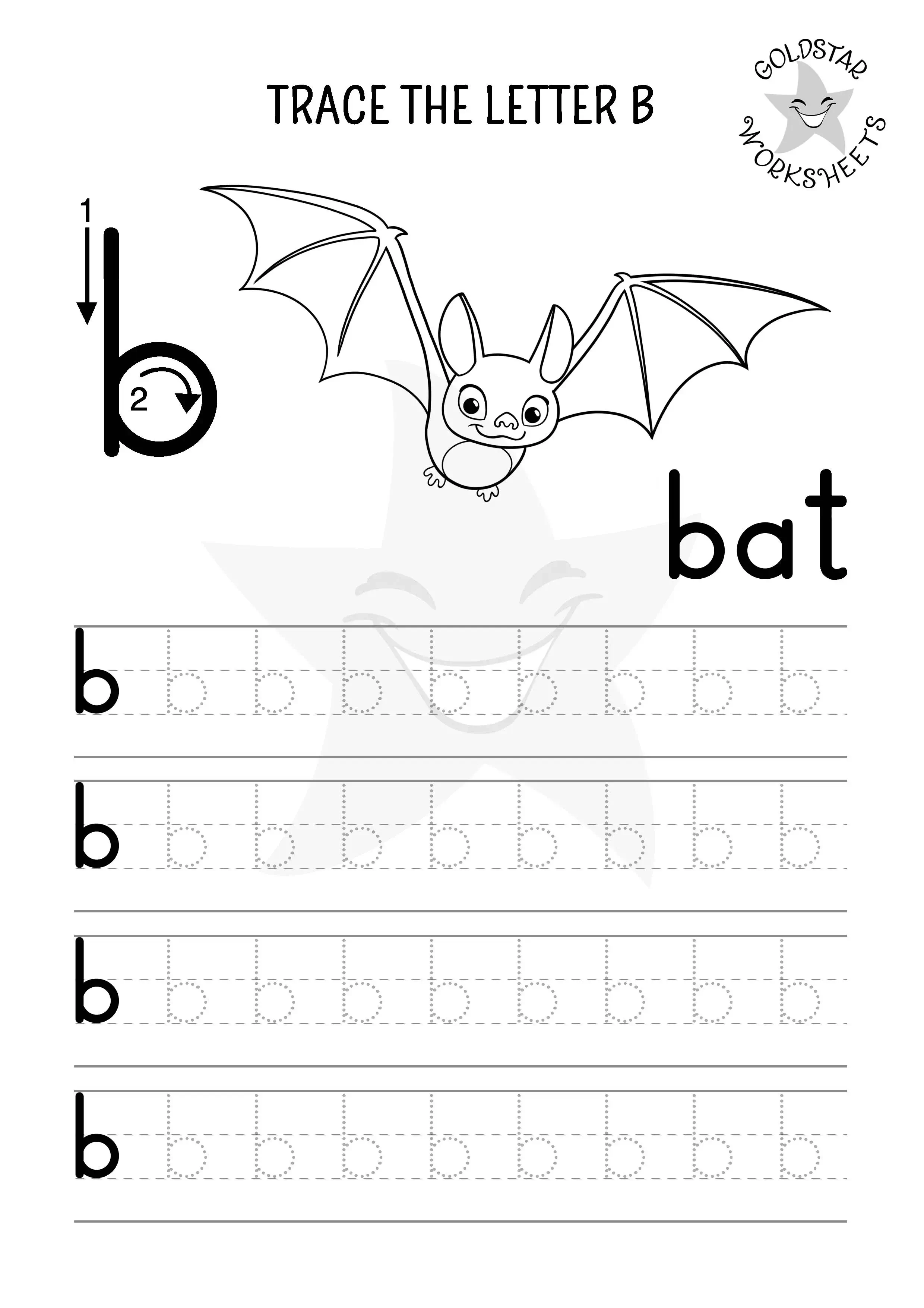 Lowercase letter B tracing and coloring worksheet featuring a cute bat