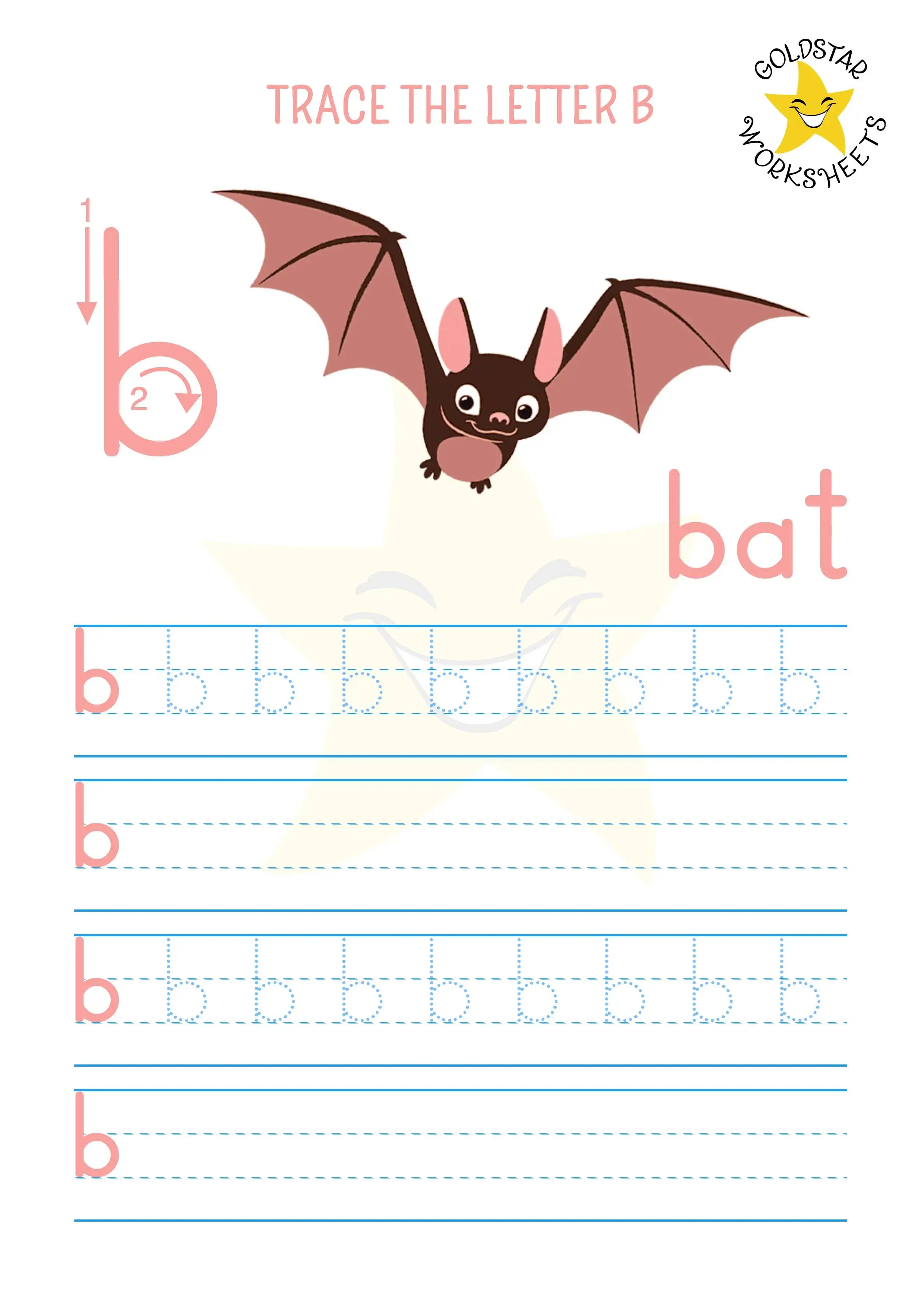 Lowercase letter B tracing and writing worksheet featuring a cute bat