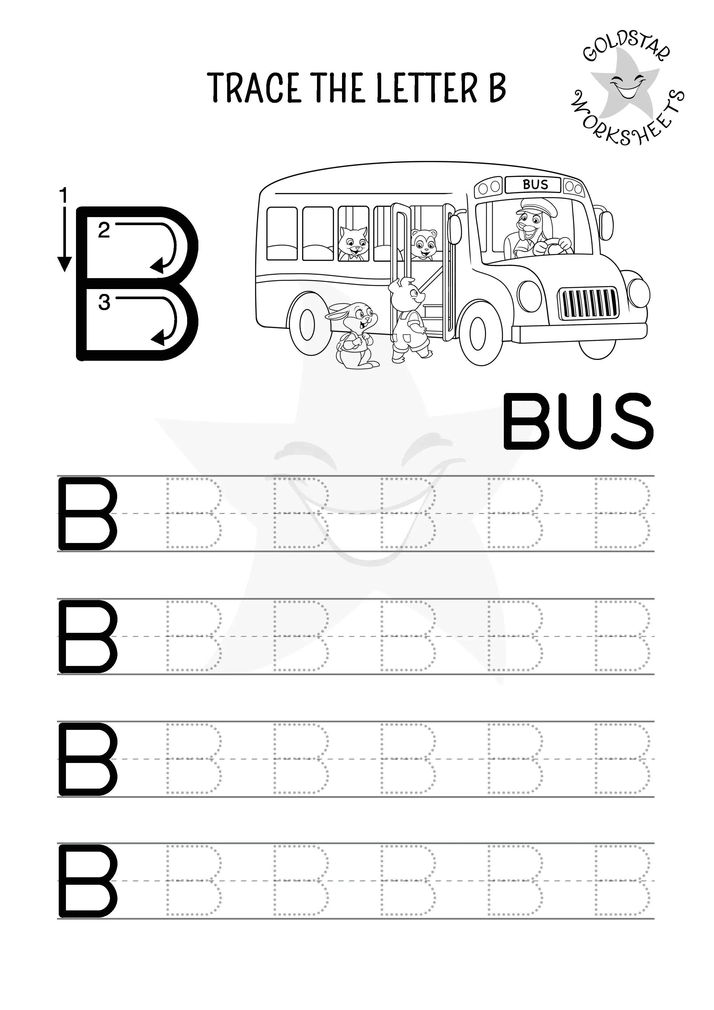 Free Uppercase Letter B tracing worksheet featuring a fun bus scene. Black and White for Kids to Color in