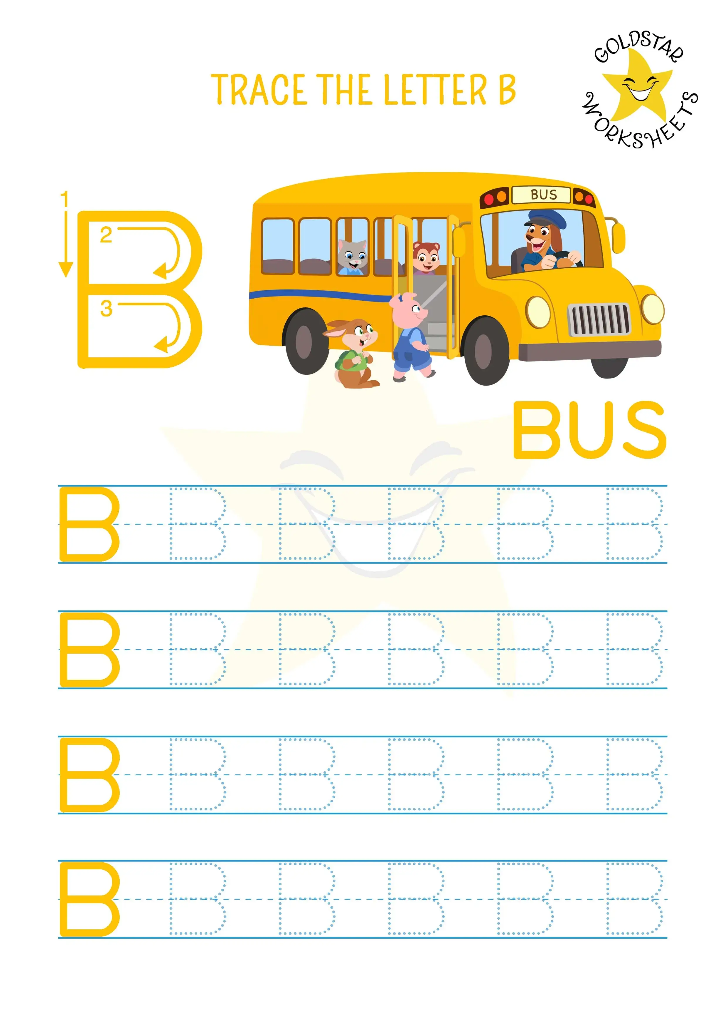 Free Uppercase Letter B tracing worksheet featuring a fun bus scene