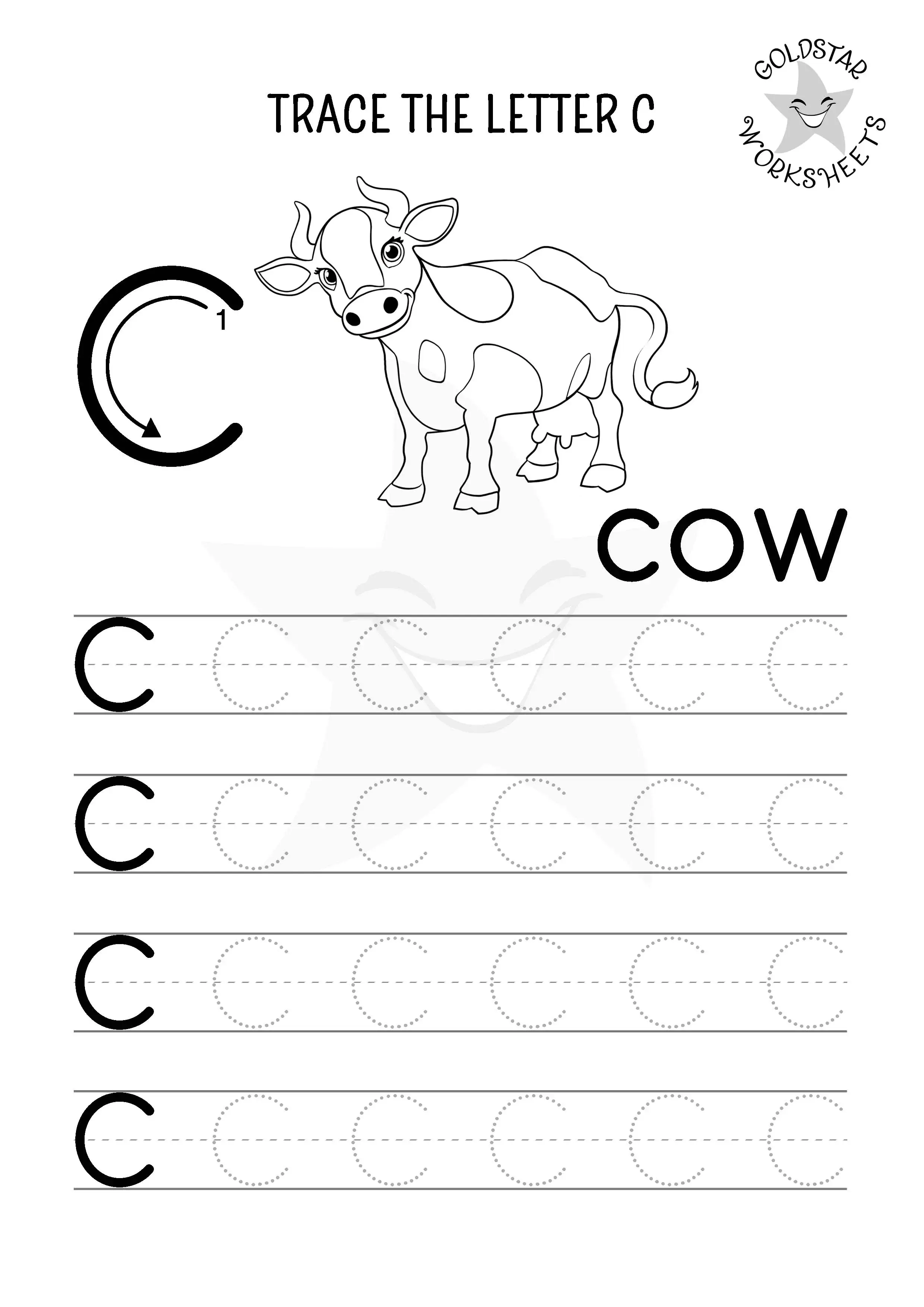 Free uppercase C tracing worksheet featuring a friendly cow - Black and White for Kids to Color in