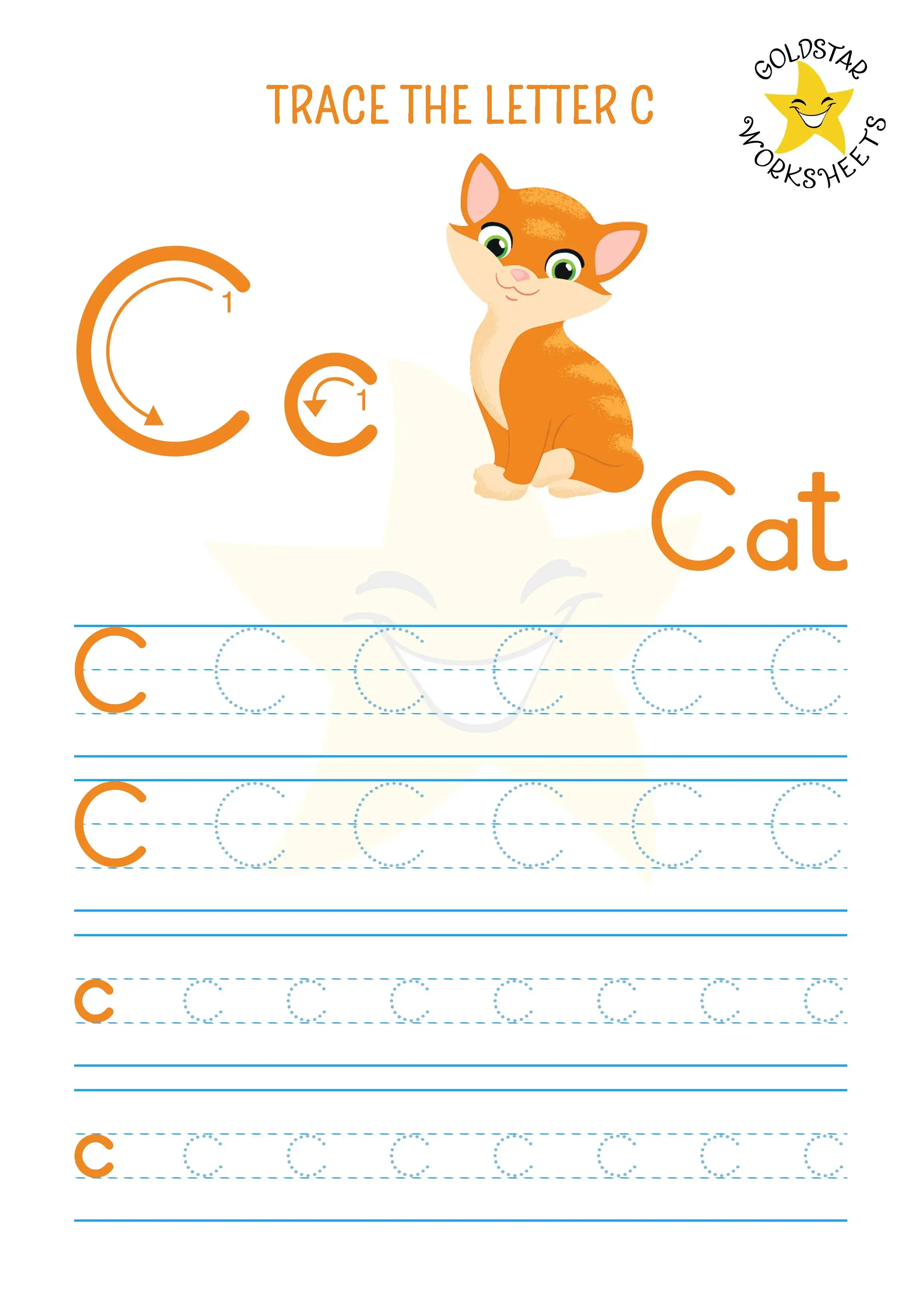 Free tracing worksheet for both uppercase and lowercase C, featuring a cute cat