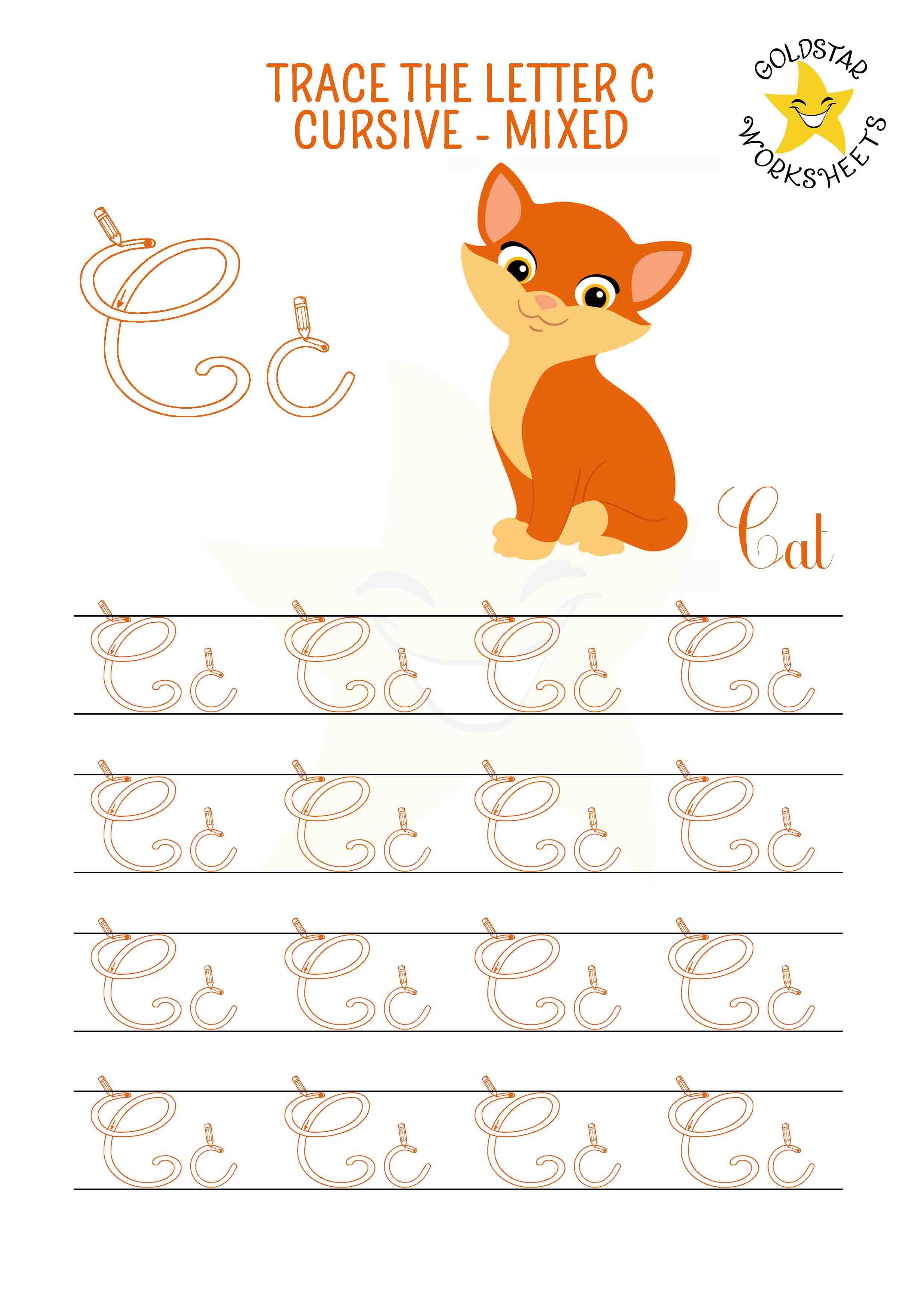 Uppercase and lowercase cursive letter C tracing worksheet. This mixed practise sheet features a cute cat. Free printable PDF for 2nd and 3rd grade kids practicing cursive handwriting. 4 rows of capital C and small C writing includes directional arrows.
