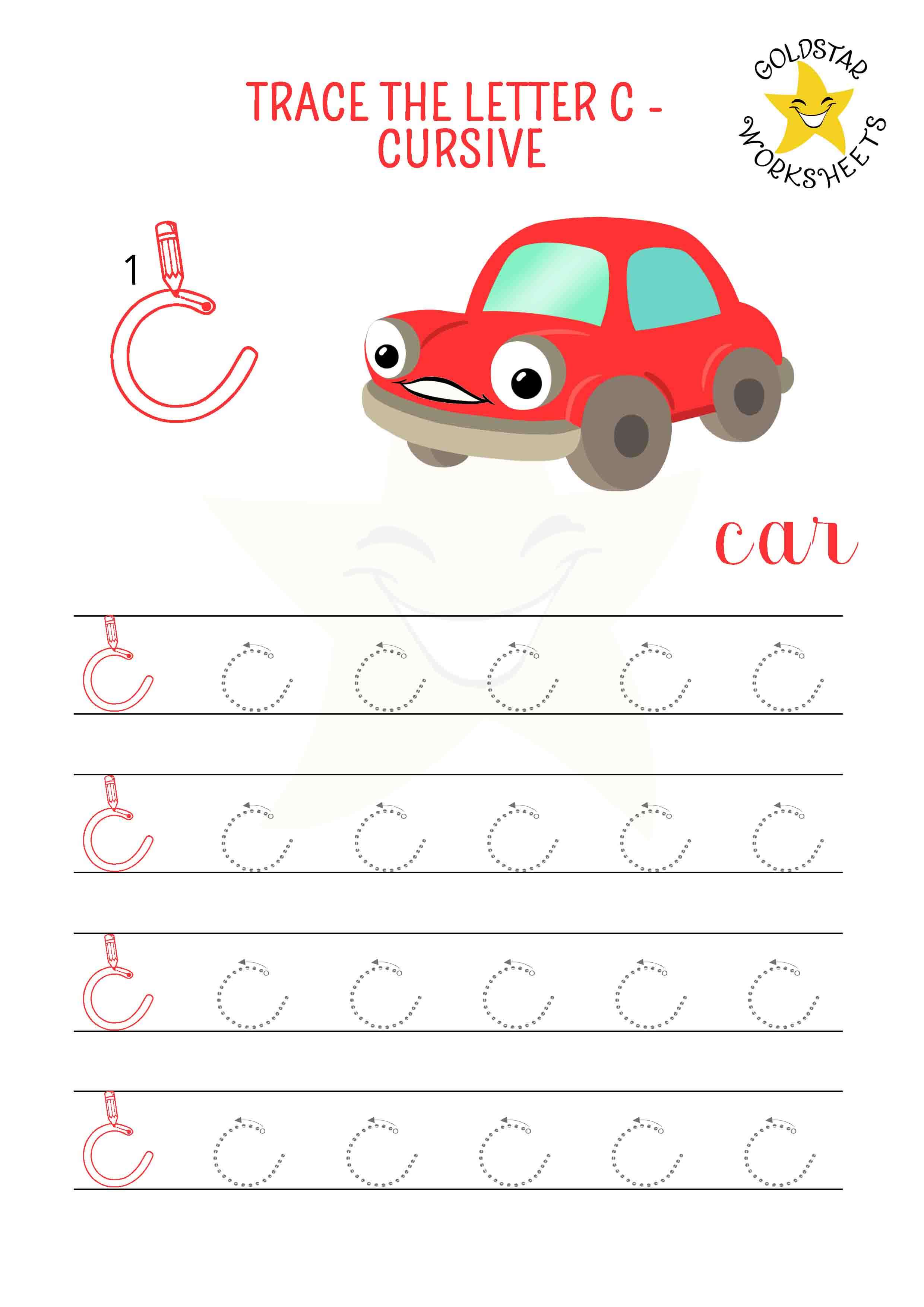 Lowercase cursive letter c tracing worksheet featuring a cool car. Free and printable for kids' handwriting practice. 4 rows of small c writing with stroke order and directional arrows.