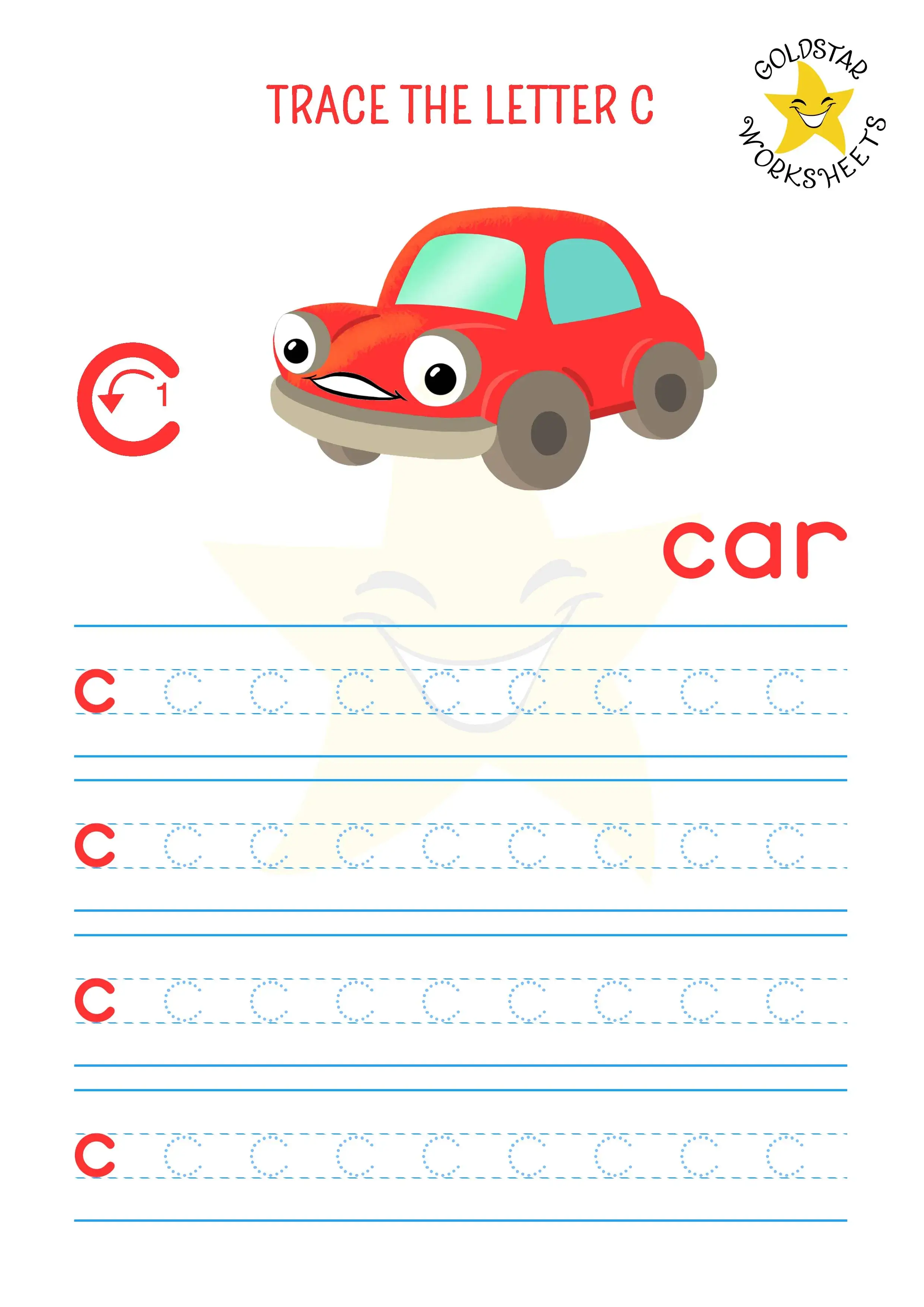 Lowercase C tracing worksheet featuring a cheeky red car