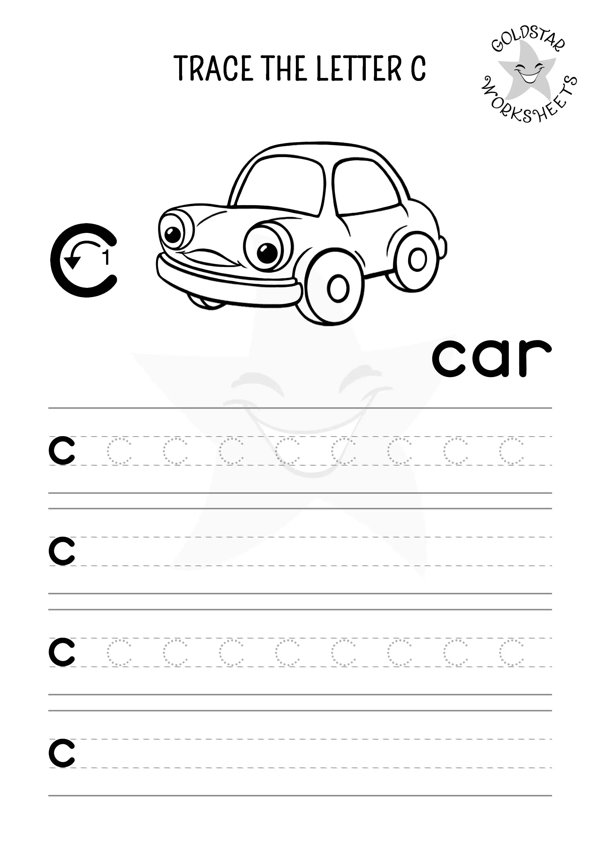 Lowercase C tracing, writing, and coloring worksheet featuring a cheeky car