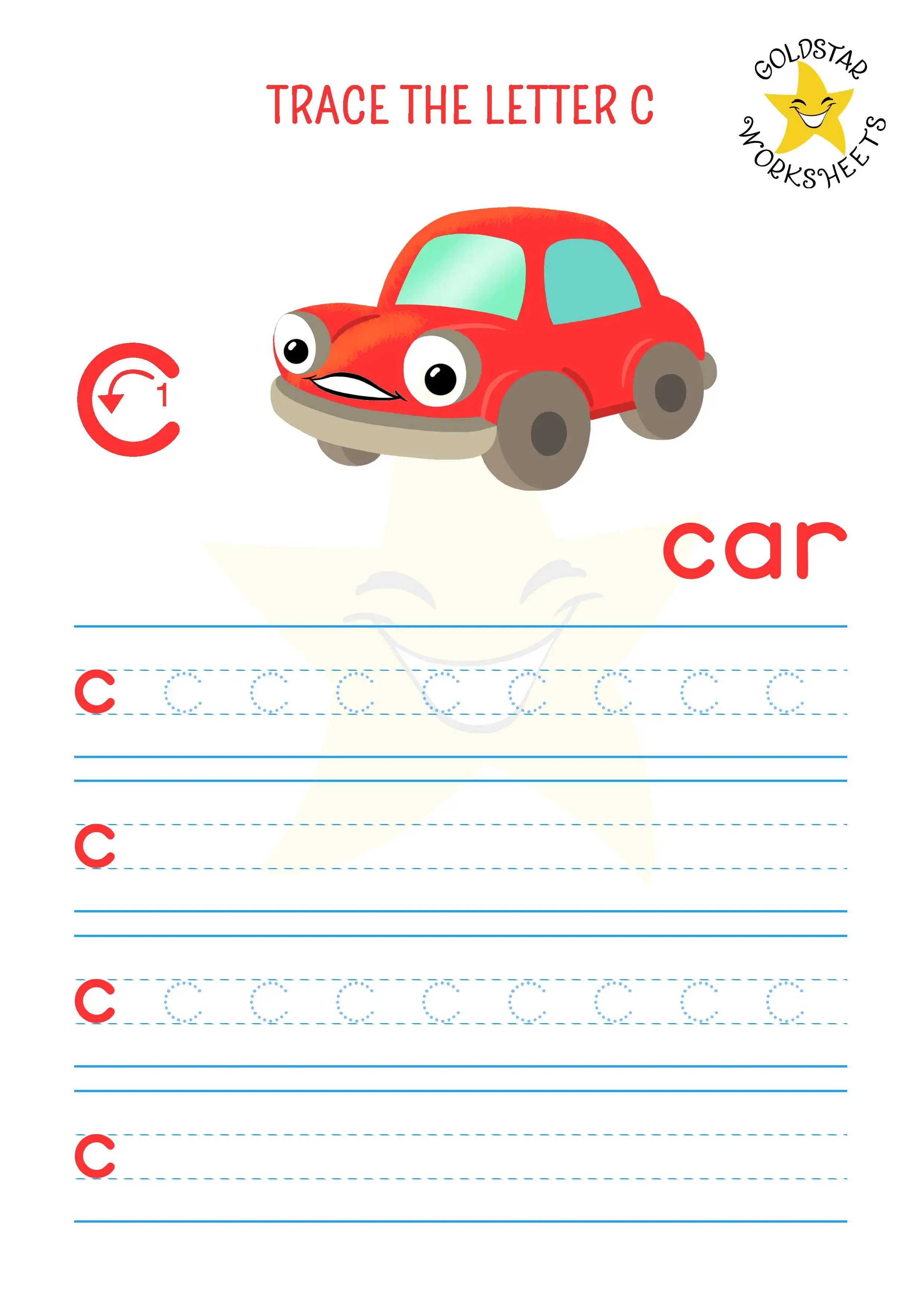 Lowercase C tracing and writing worksheet featuring a cheeky red car