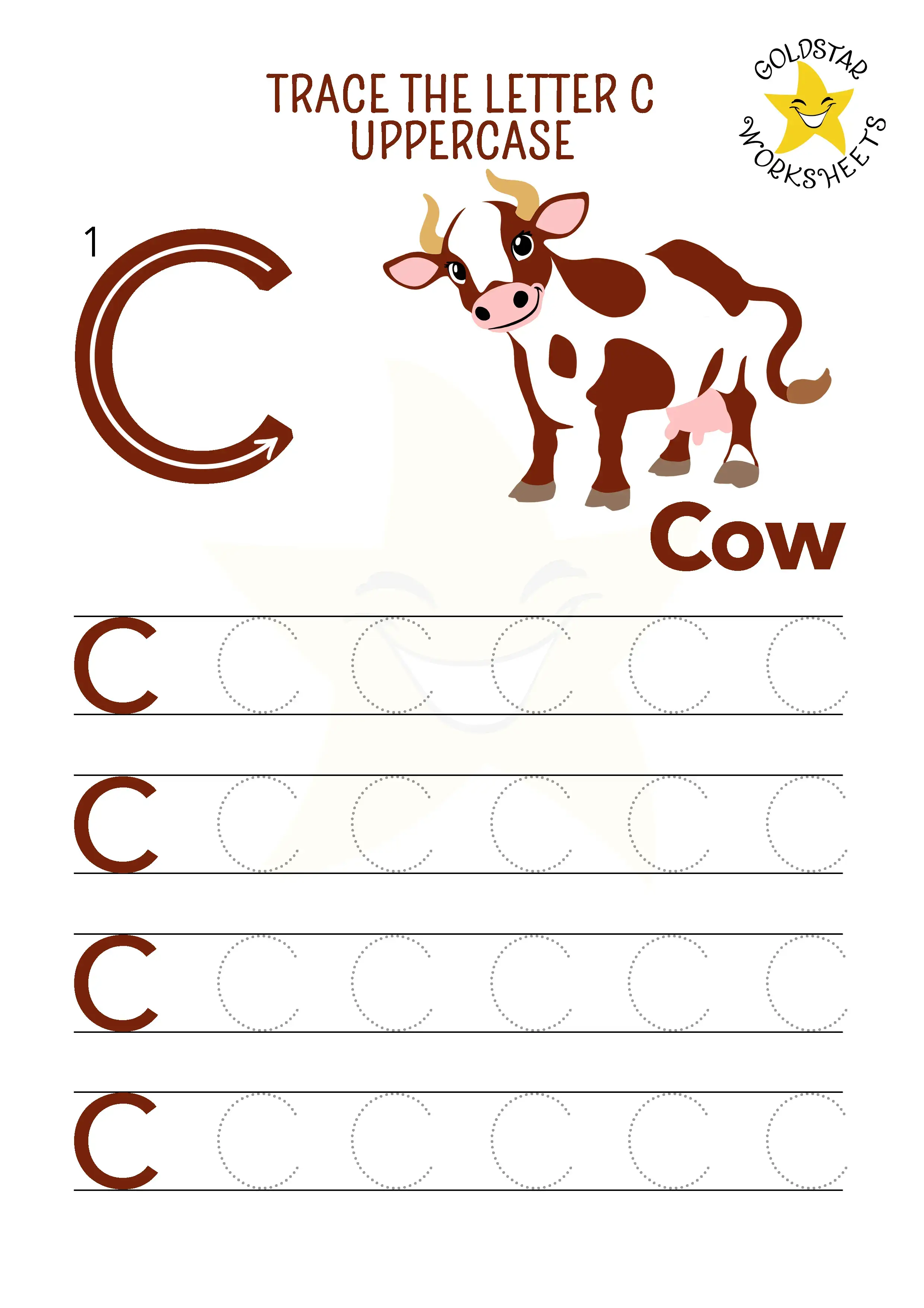 Free uppercase C tracing worksheet featuring a friendly cow. Designed for handwriting practice with 4 rows of tracing space for preschoolers and kindergarteners.