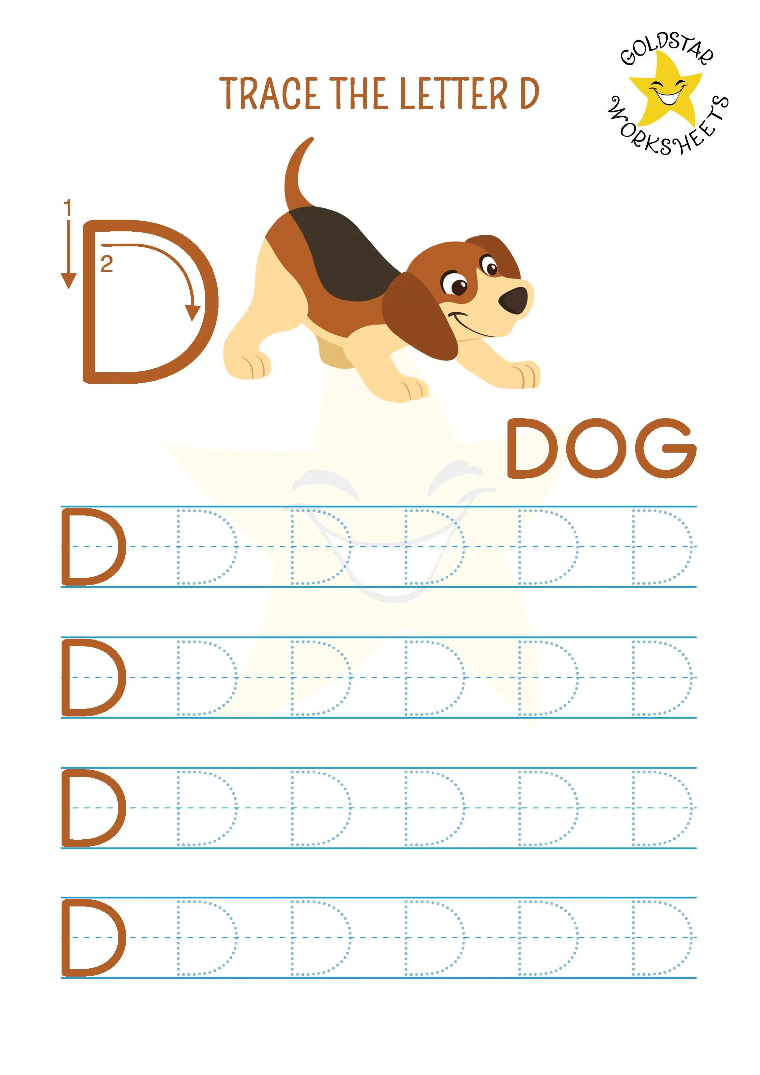 Trace uppercase D worksheet with friendly dog