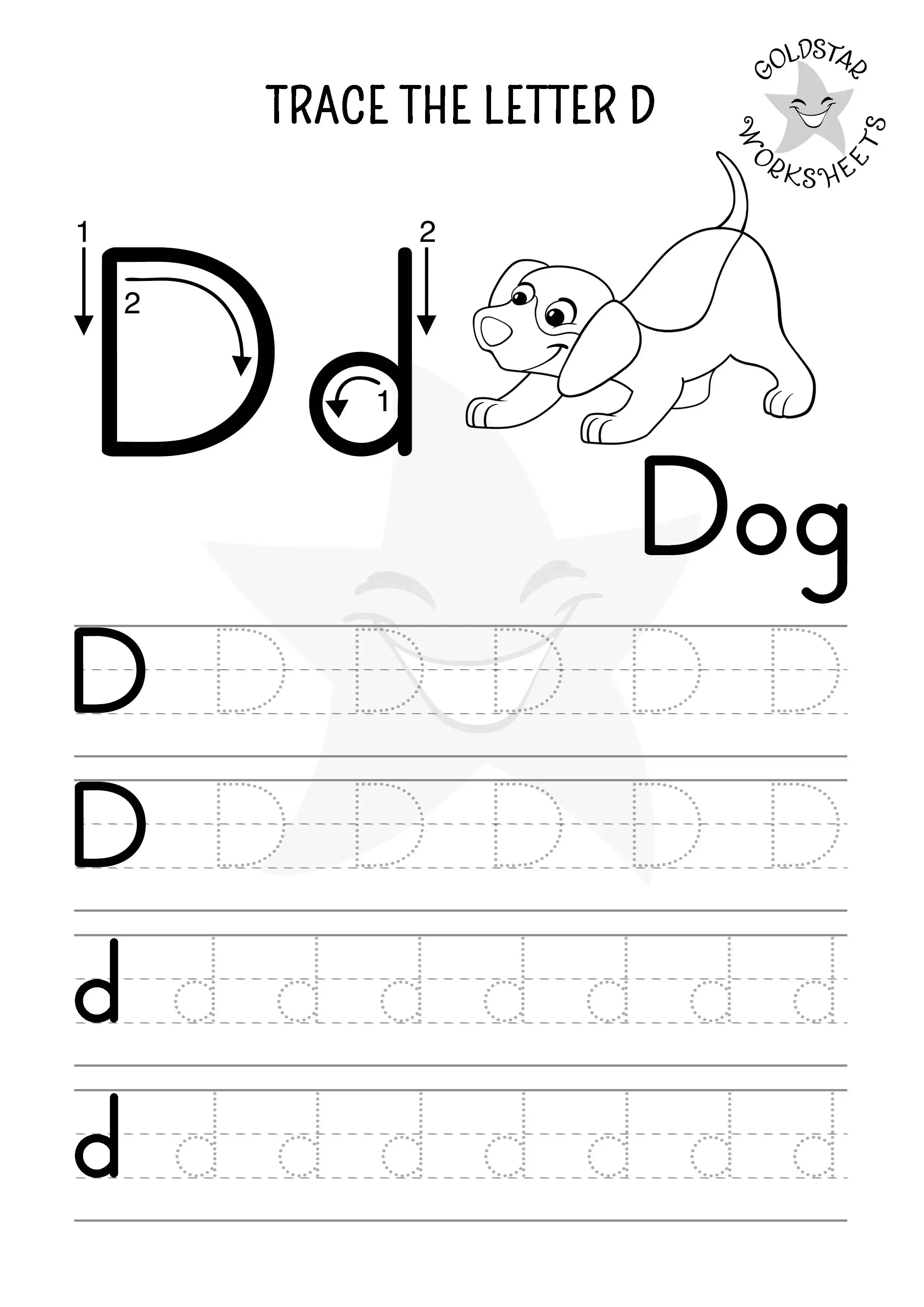 D for Dog – Black and white letter tracing worksheet for uppercase and lowercase D. Coloring and handwriting practice.