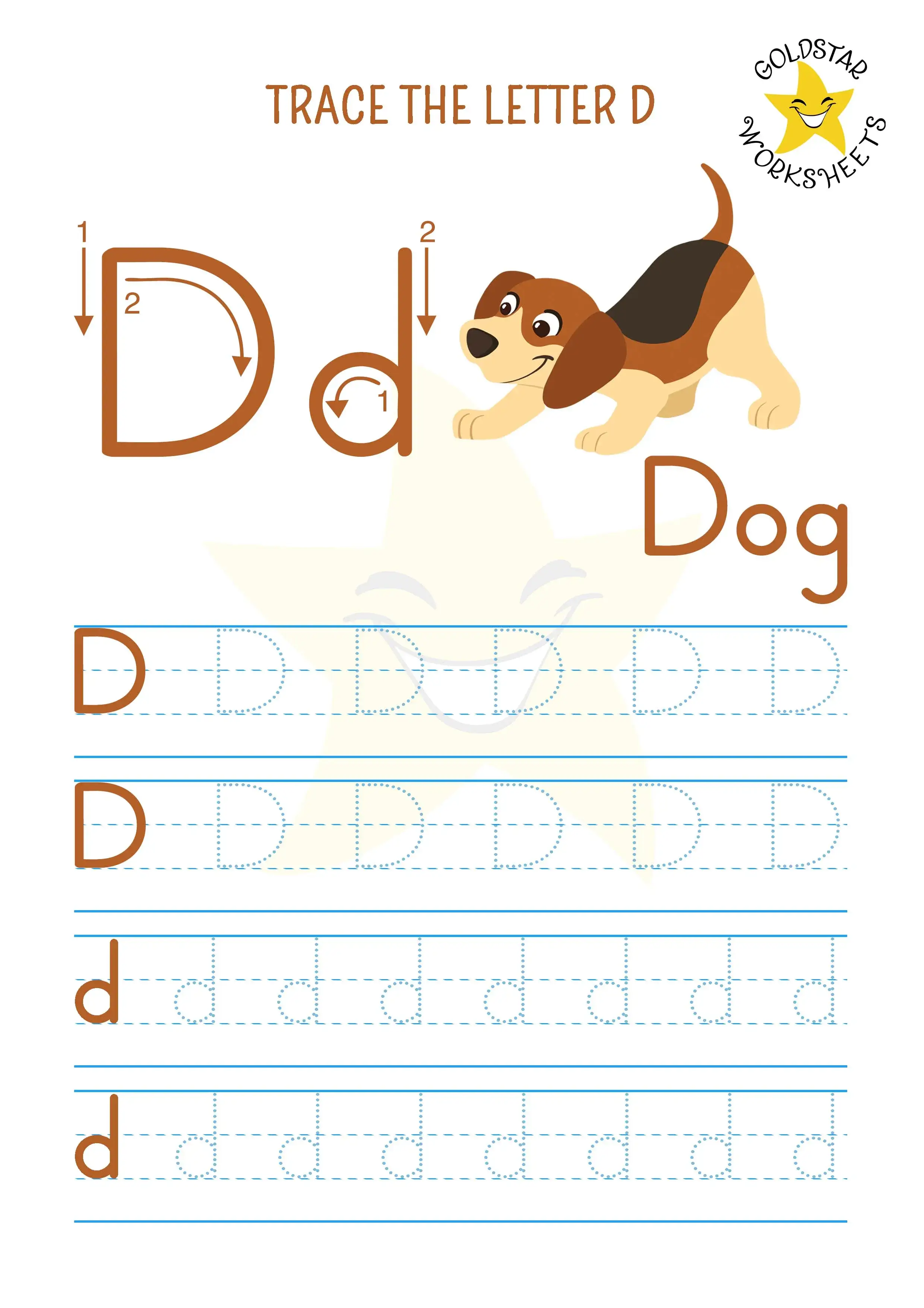 Trace the letter D worksheet with friendly dog playing. Upper and lowercase together
