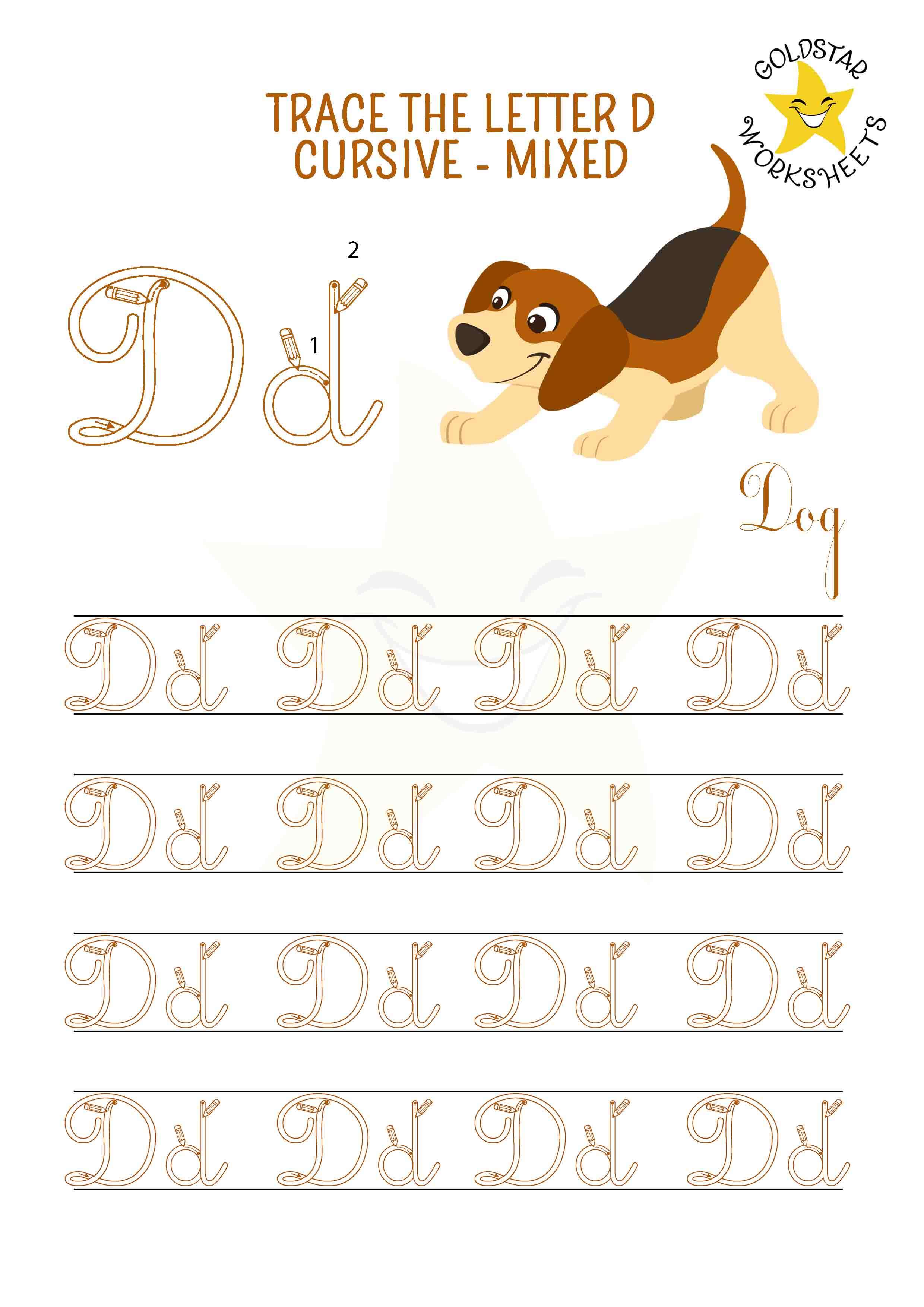 Uppercase and lowercase cursive letter D tracing worksheet. This mixed practise sheet features a playful dog. Free printable PDF for 2nd and 3rd grade kids practicing cursive handwriting. 4 rows of capital D and small D writing includes directional arrows and stroke order.