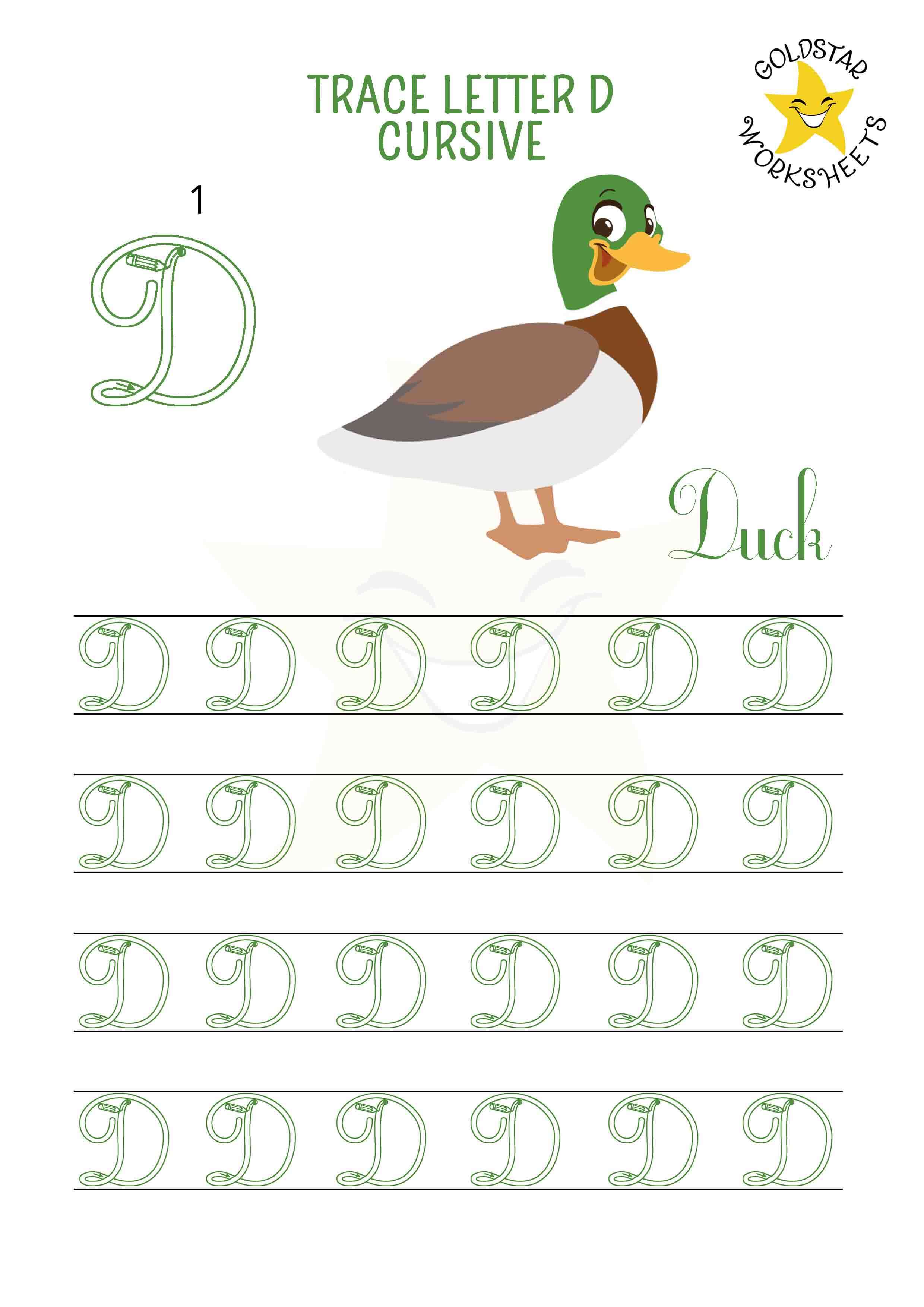 Uppercase cursive letter D tracing worksheet featuring a delightful duck. Free printable for kids' handwriting practice. 4 rows of big D writing with stroke order and directional arrows.