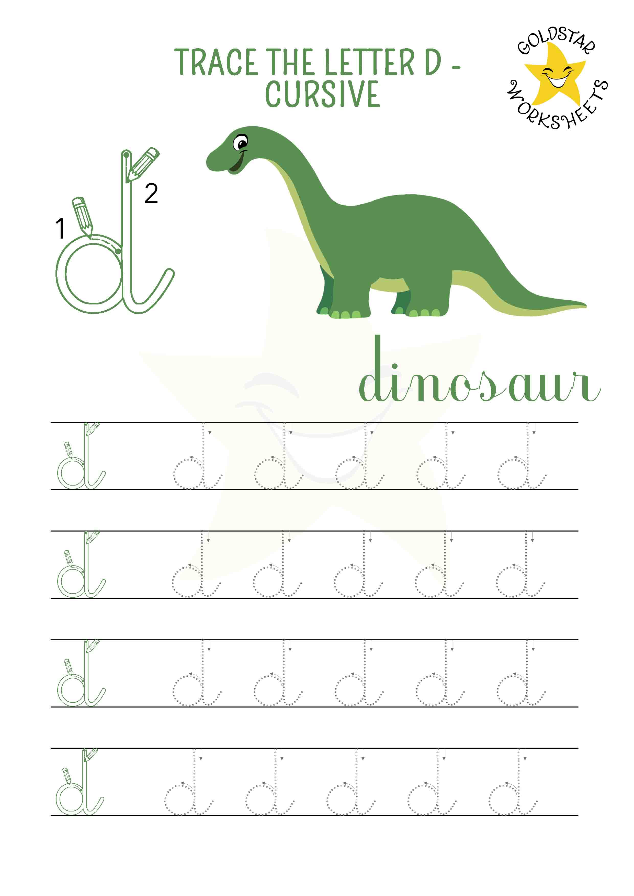 Lowercase cursive letter d tracing worksheet featuring a dignified dinosaur. Free printable for kids' handwriting practice. 4 rows of small d writing with stroke order and directional arrows.