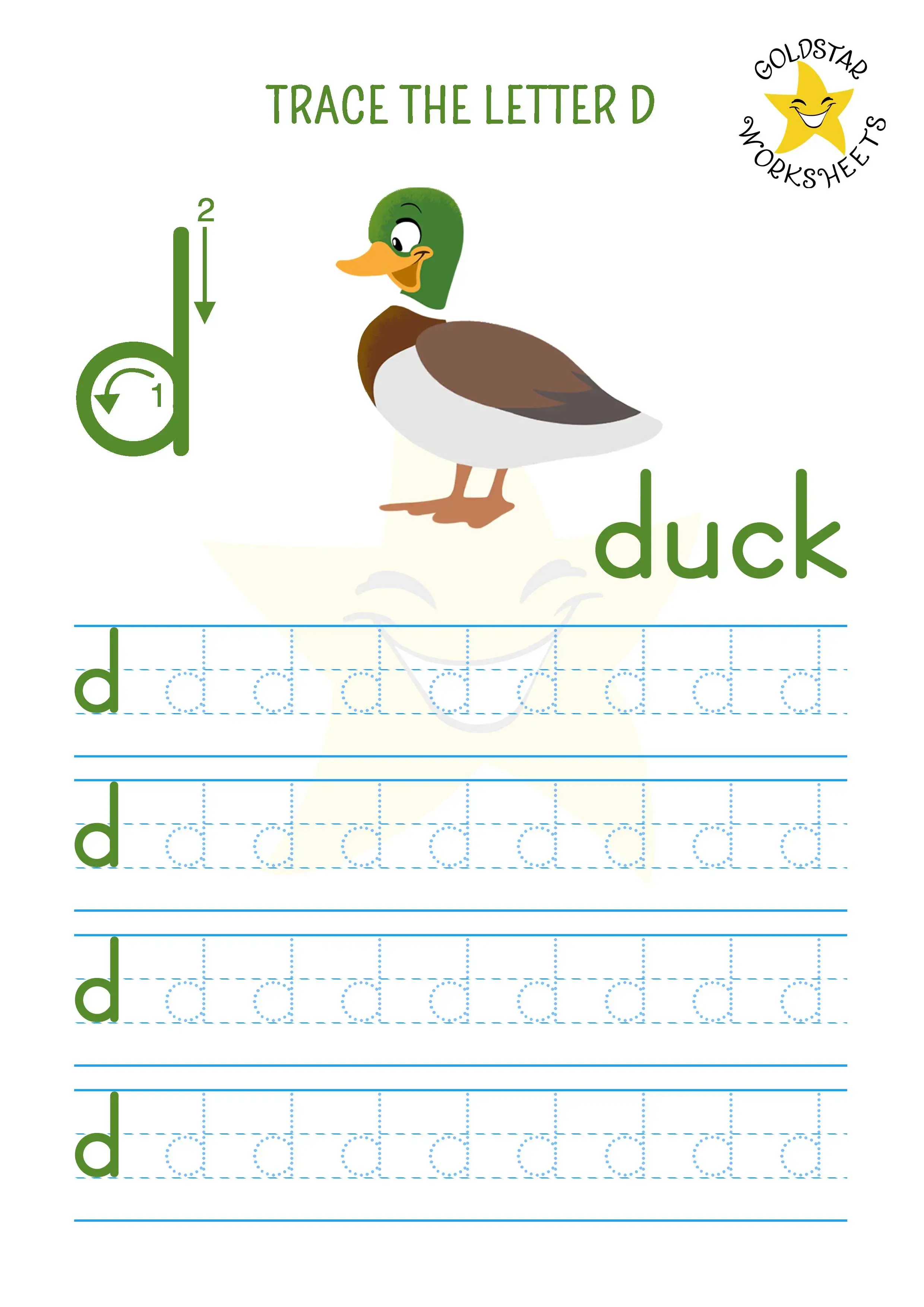 Lowercase letter d tracing worksheet with friendly duck. Quack Quack!