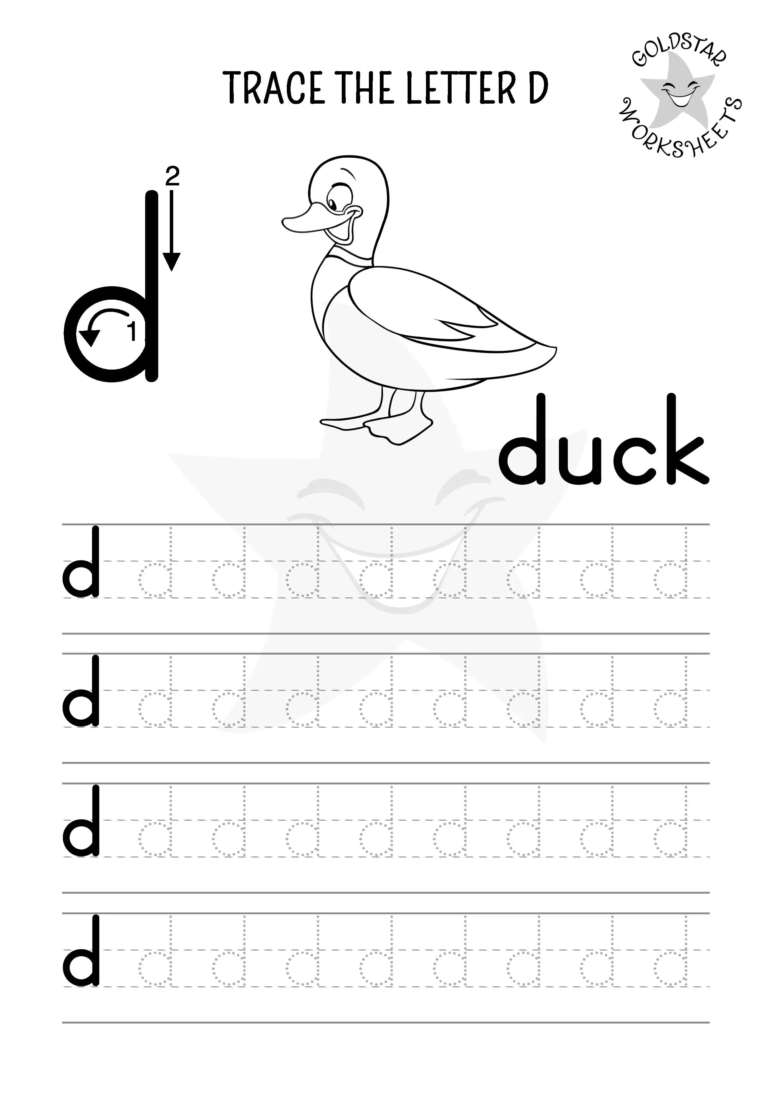 Lowercase letter d tracing and coloring worksheet with friendly duck
