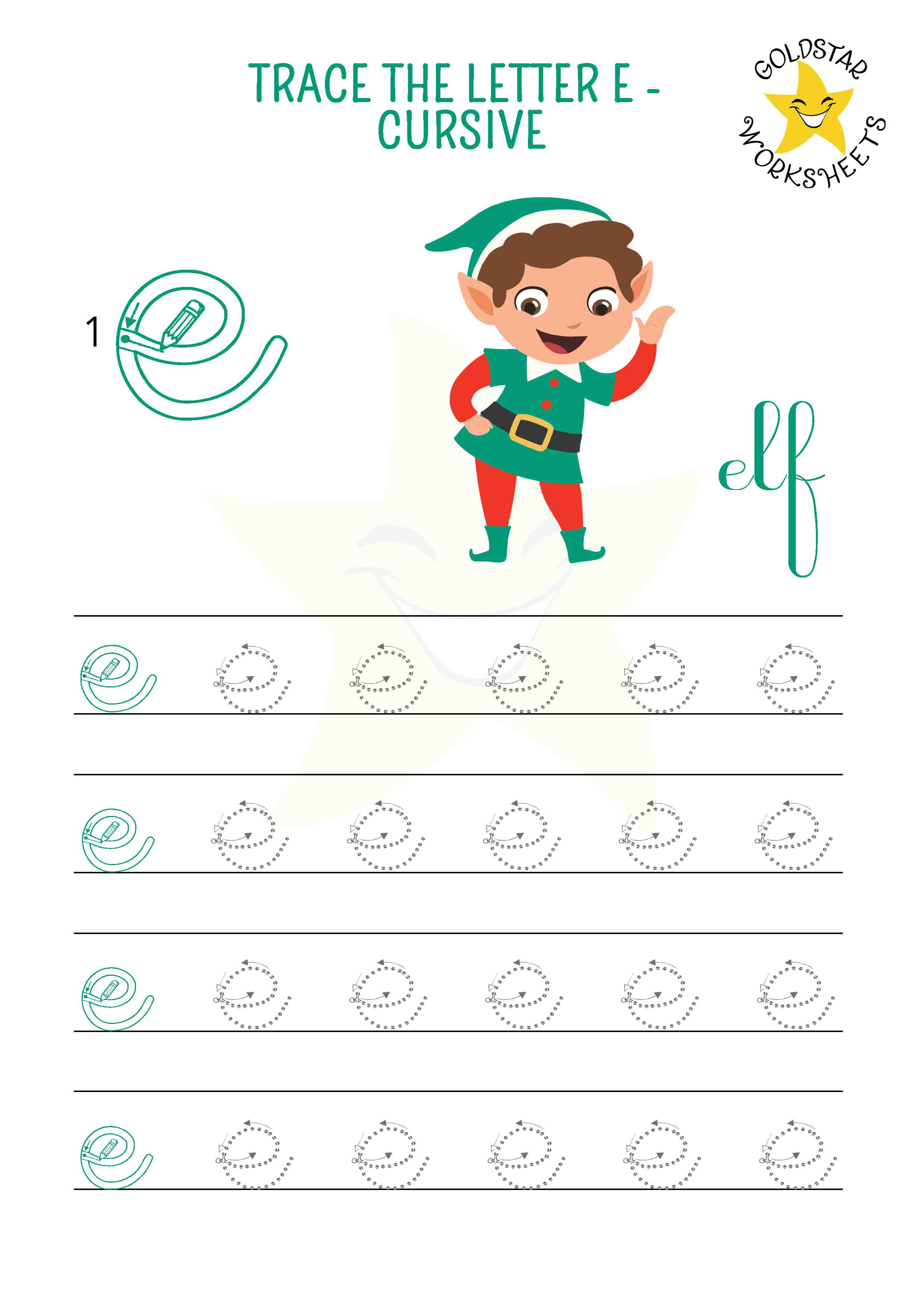 Lowercase cursive letter e tracing worksheet with an energetic elf character. Fun handwriting practice for kids. 4 rows of small e writing with stroke order and directional arrows.
