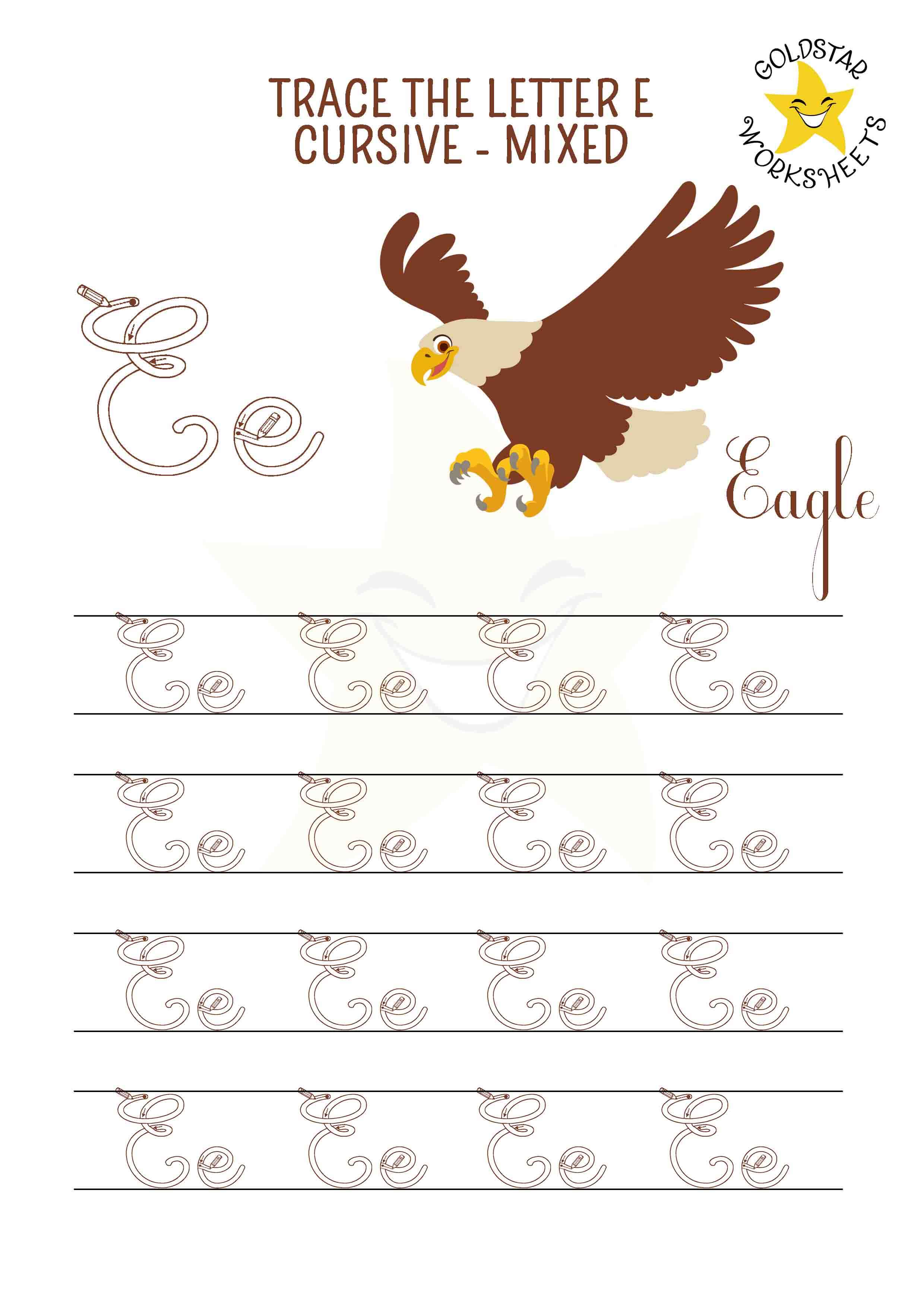 Uppercase and lowercase cursive letter E tracing worksheet. This mixed practise sheet features a eager eagle. Free printable PDF for 2nd and 3rd grade kids practicing cursive handwriting. 4 rows of capital E and small e writing includes directional arrows and stroke order.