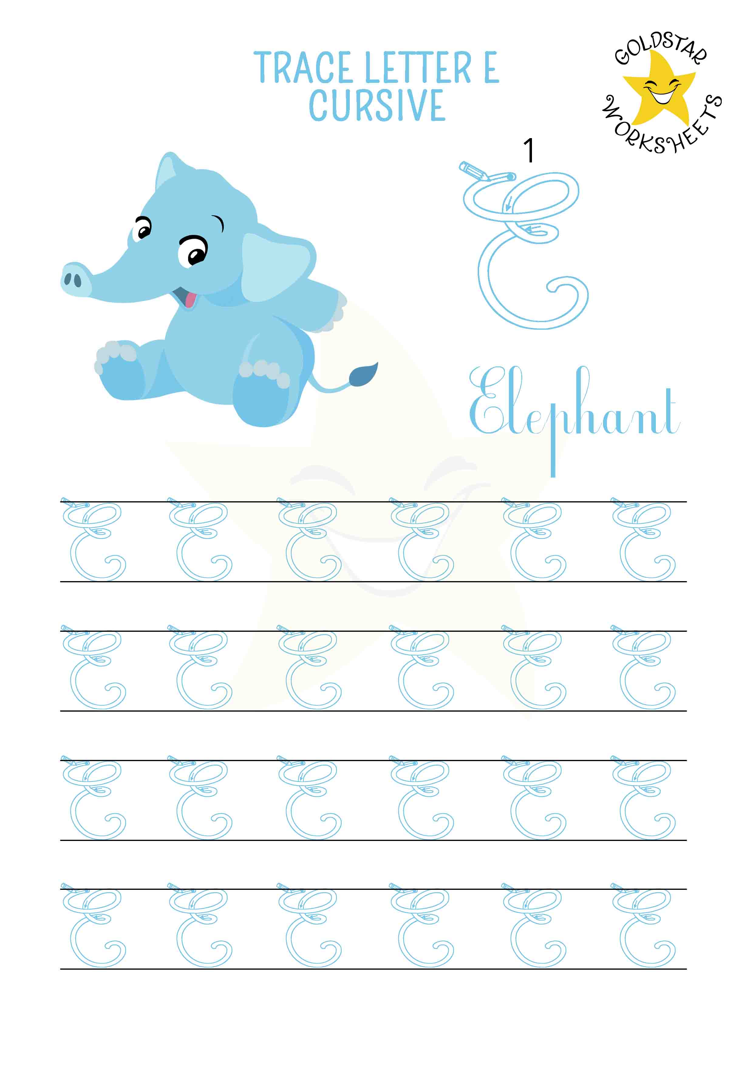 Uppercase cursive letter E tracing worksheet with cute elephant. Fun handwriting practice for kids. 4 rows of big E writing with stroke order and directional arrows.