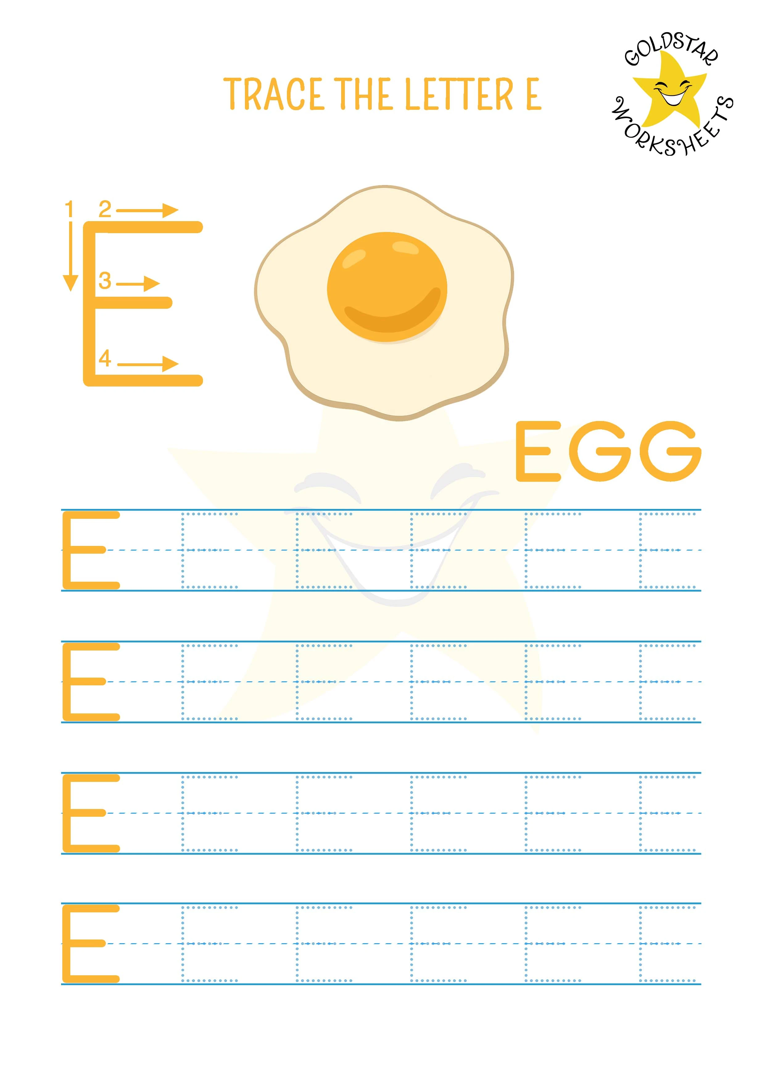 Uppercase E tracing worksheet with egg