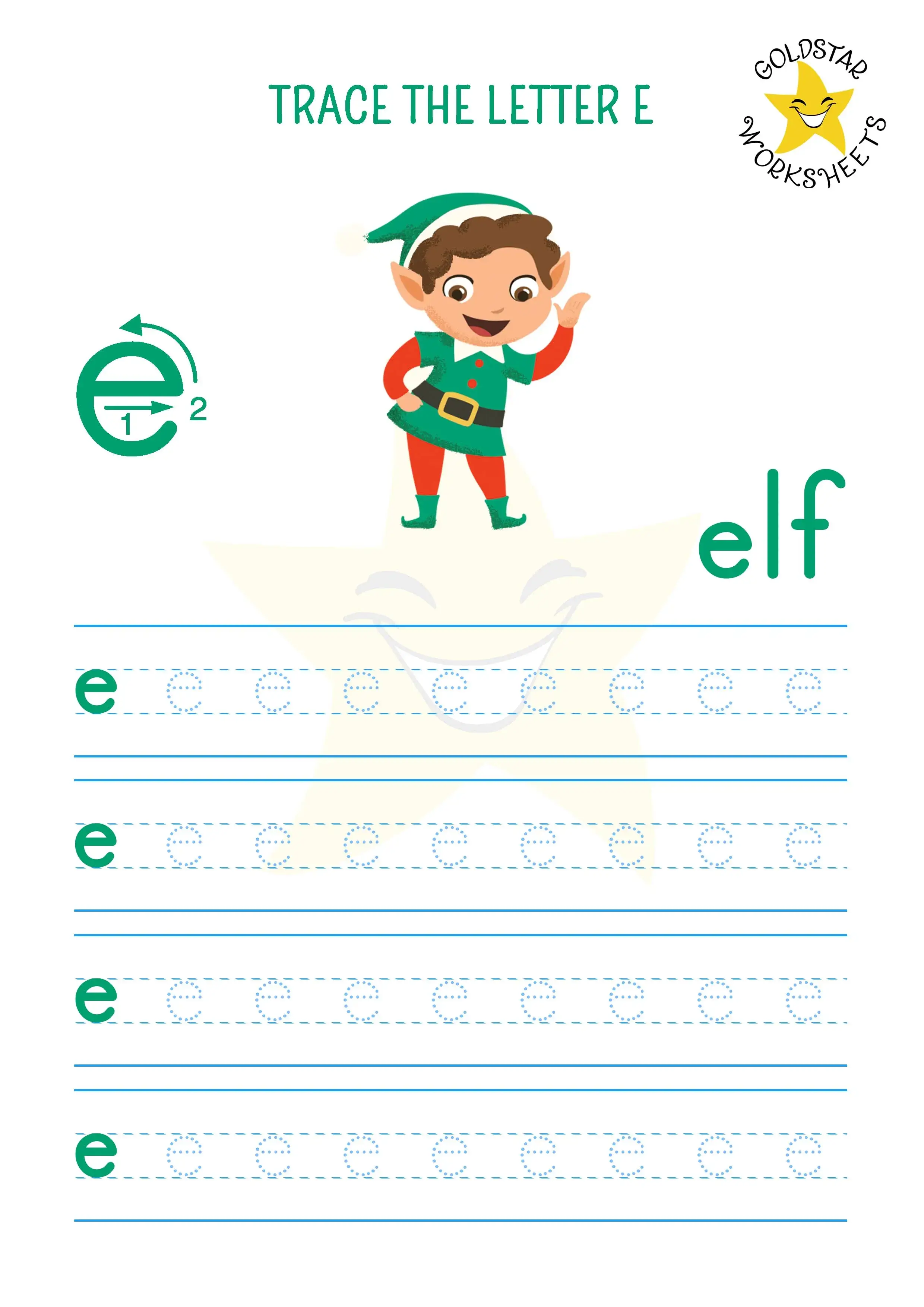Trace the letter e lowercase worksheet with friendly elf