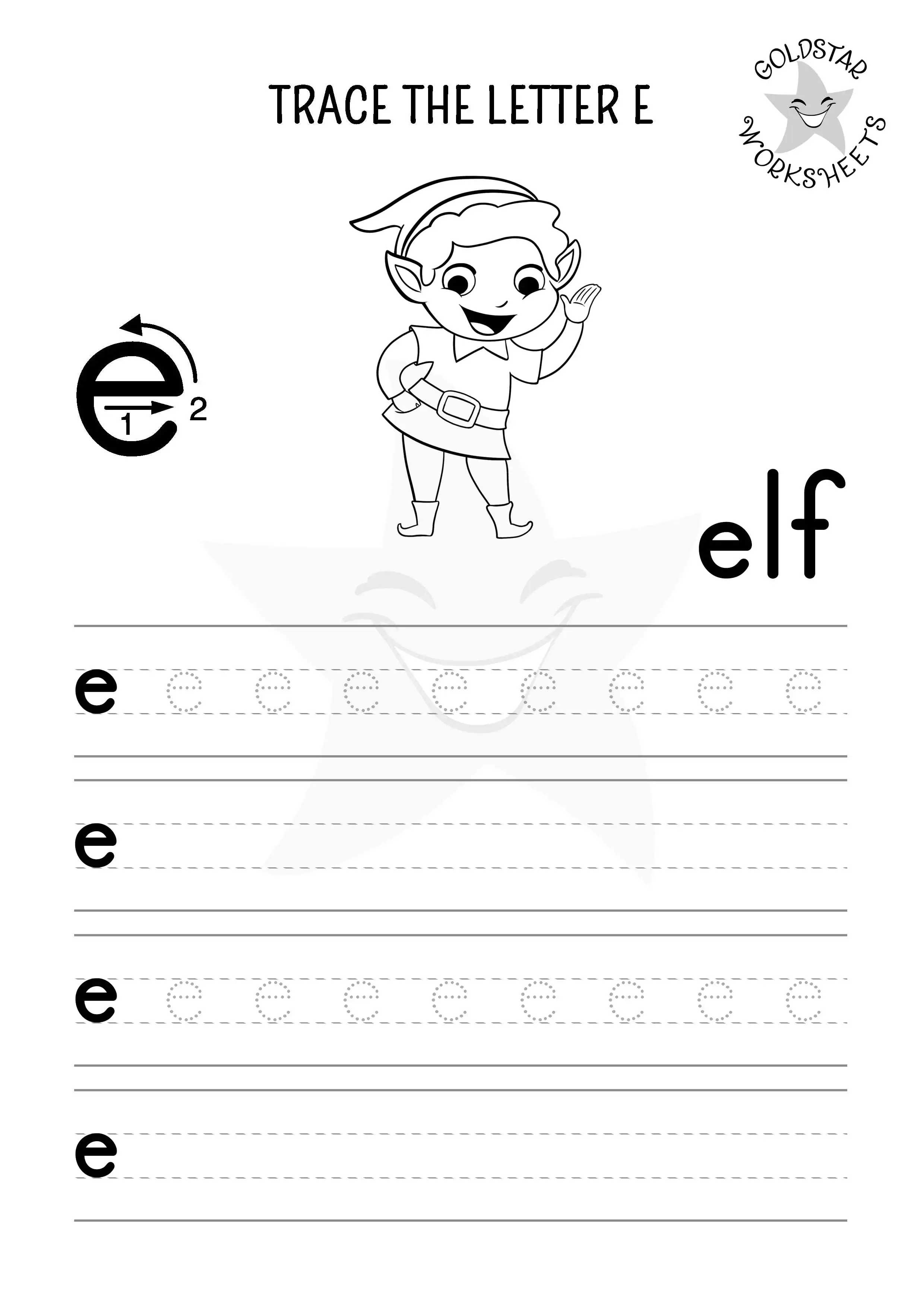 Trace and write lowercase e and color the friendly elf