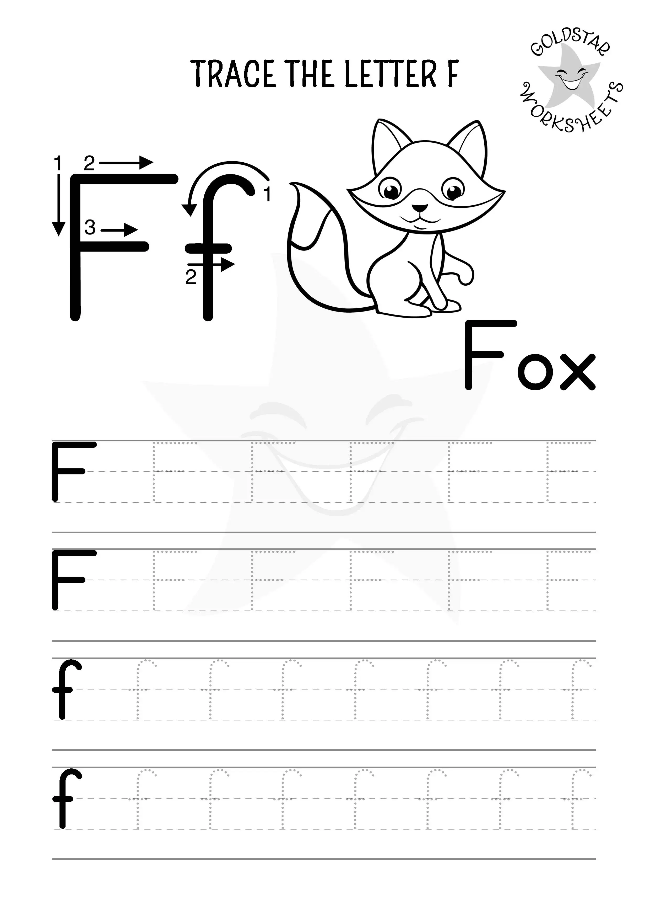 F for Fox – Letter F tracing page in black and white, includes uppercase and lowercase letters to trace and color.