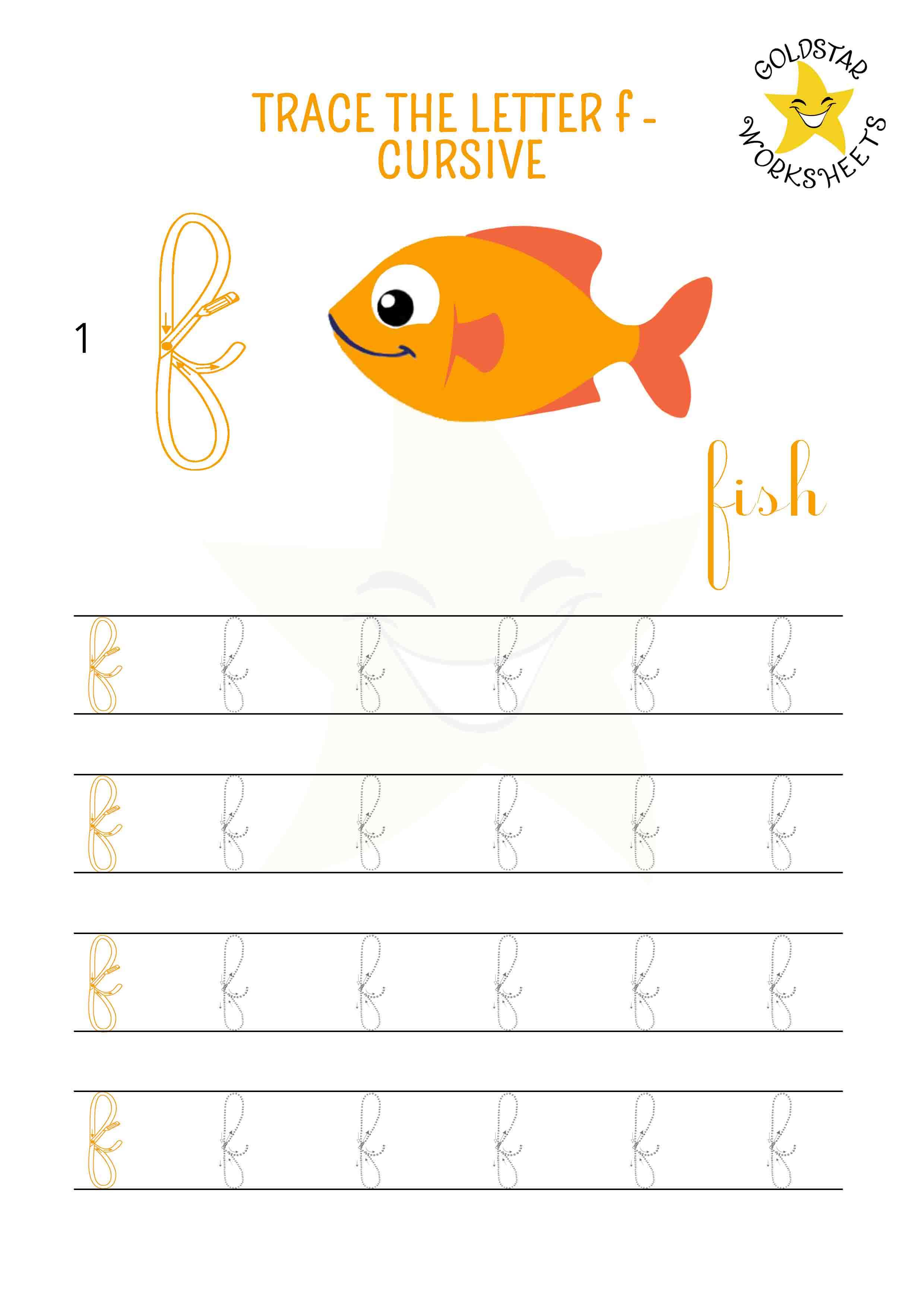 Lowercase cursive letter f tracing worksheet with a friendly orange fish design. Perfect for kids learning handwriting. 4 rows of small f writing with stroke order and directional arrows.