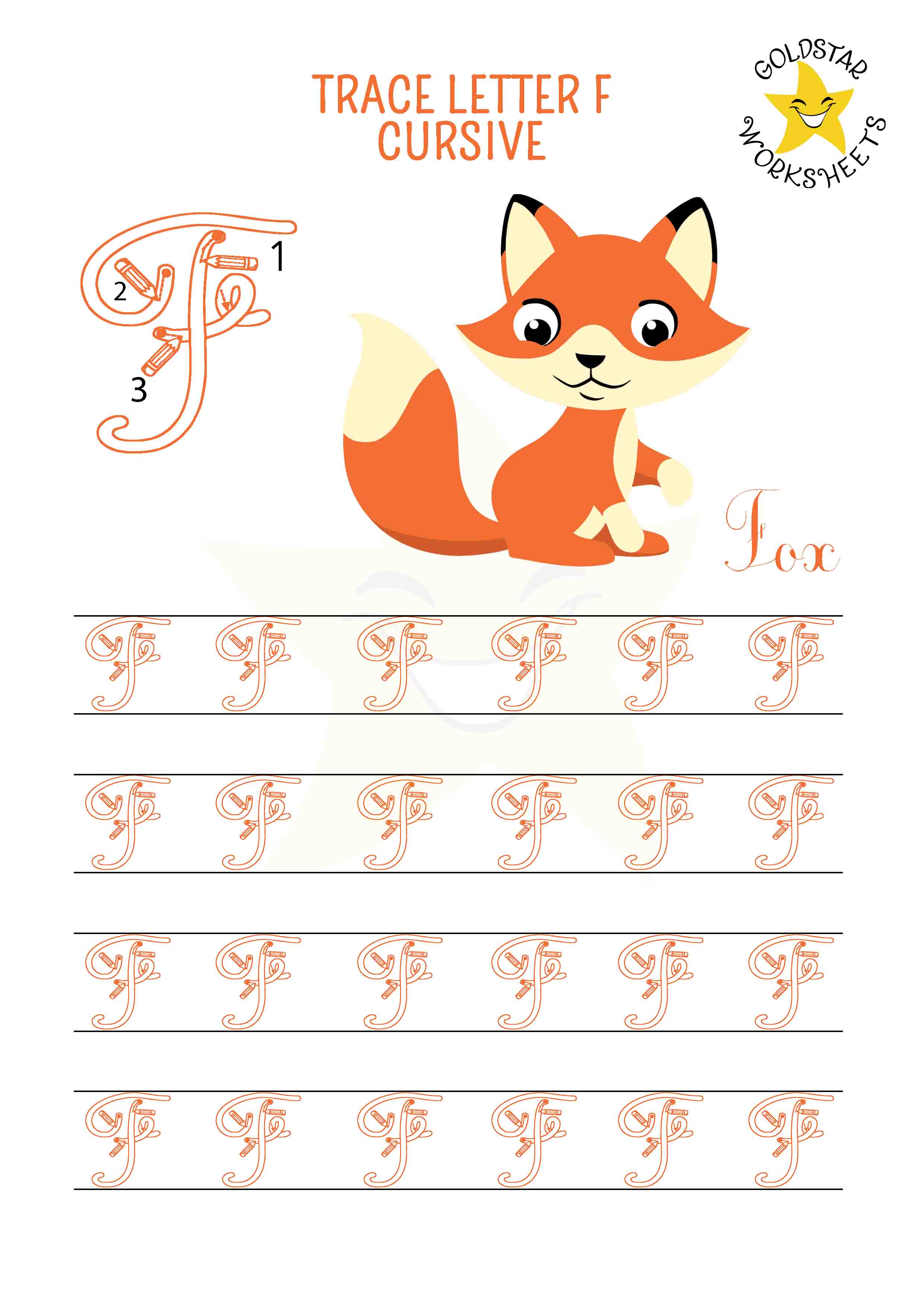 Uppercase cursive letter F tracing worksheet with a friendly fox. Perfect for kids learning handwriting. 4 rows of capital F writing with stroke order and directional arrows.