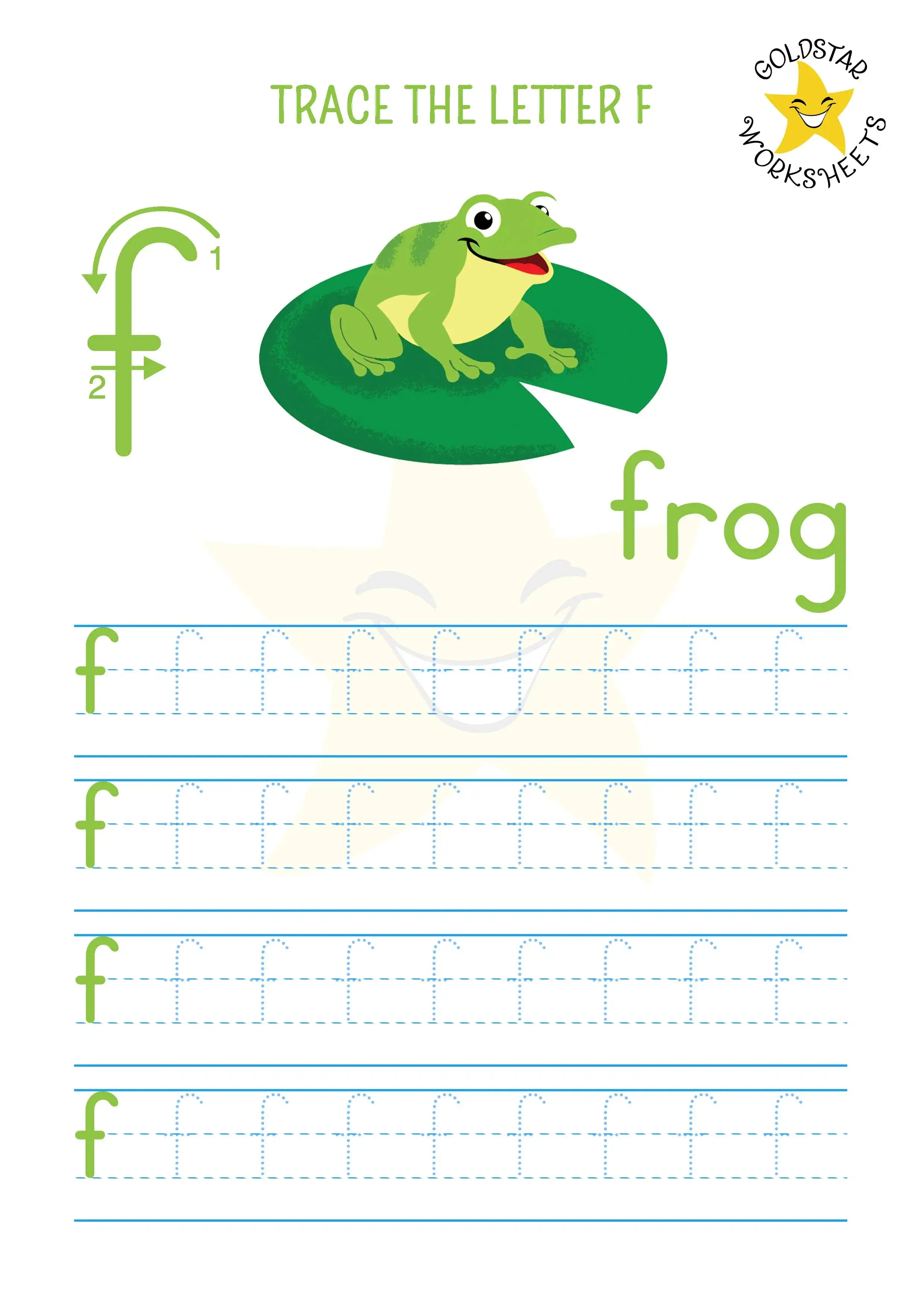 Letter f lowercase tracing worksheet with a friendly green frog