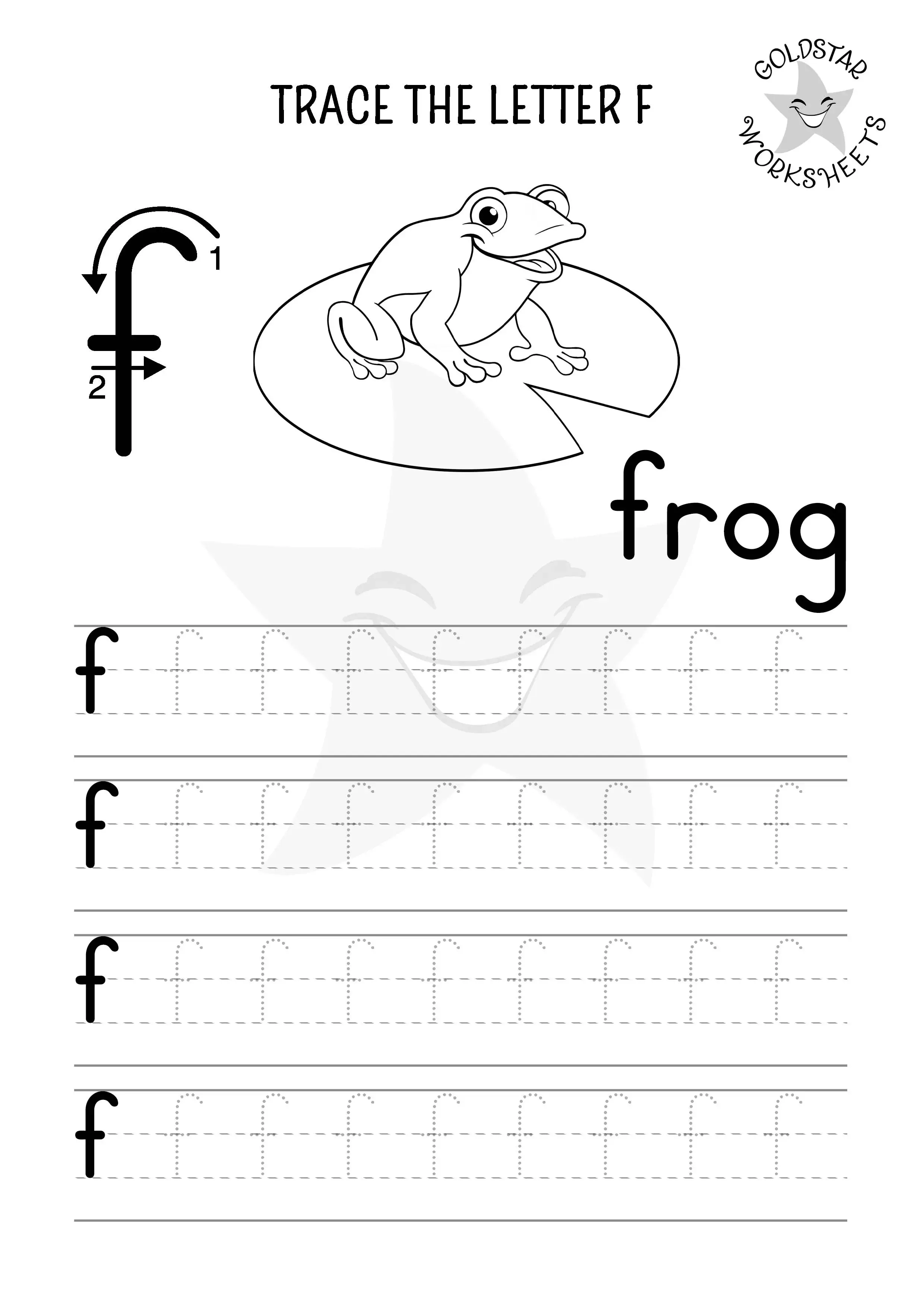 Letter f lowercase tracing and coloring worksheet with a friendly frog