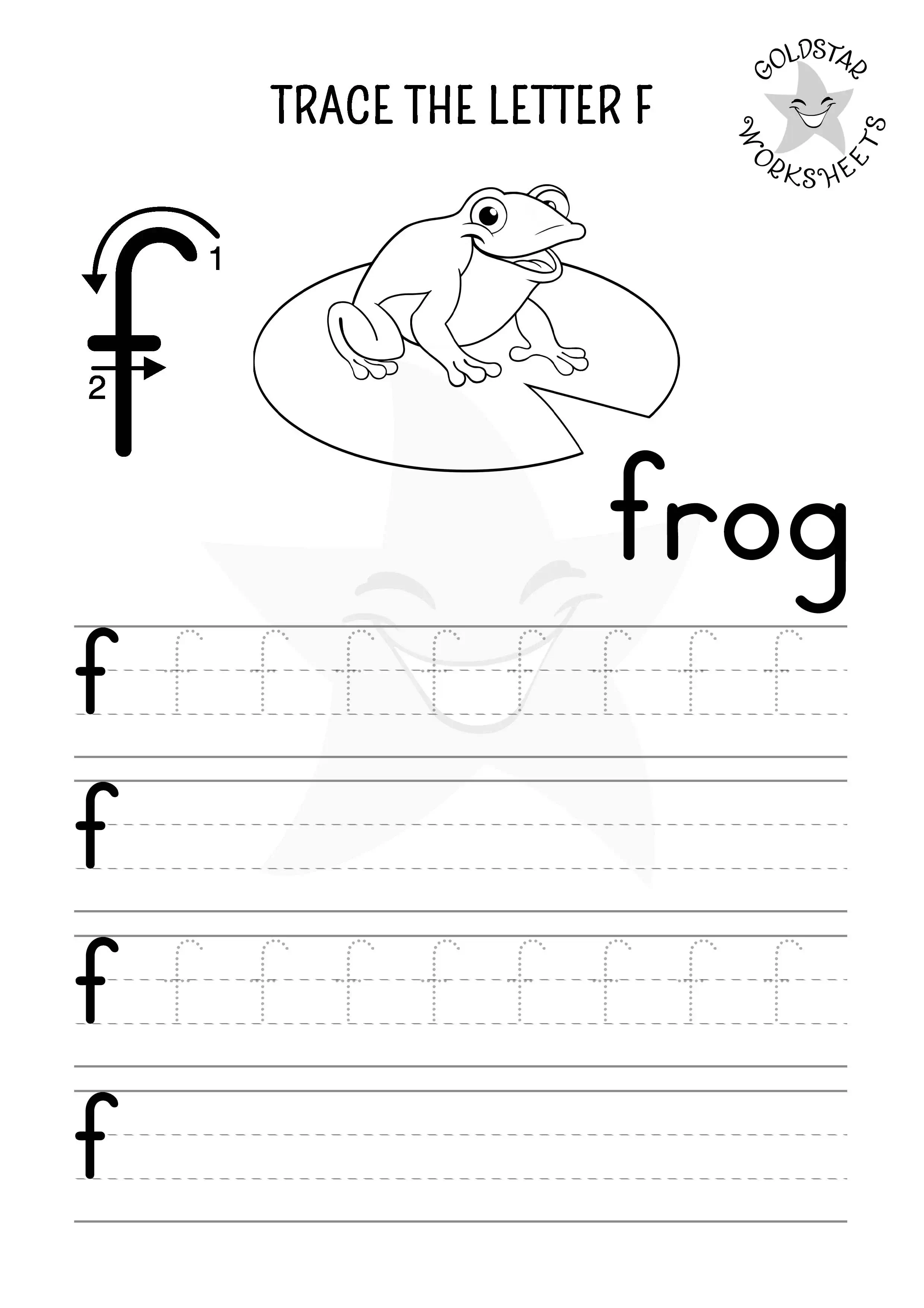 Letter f lowercase tracing, writing, and coloring worksheet with a friendly frog