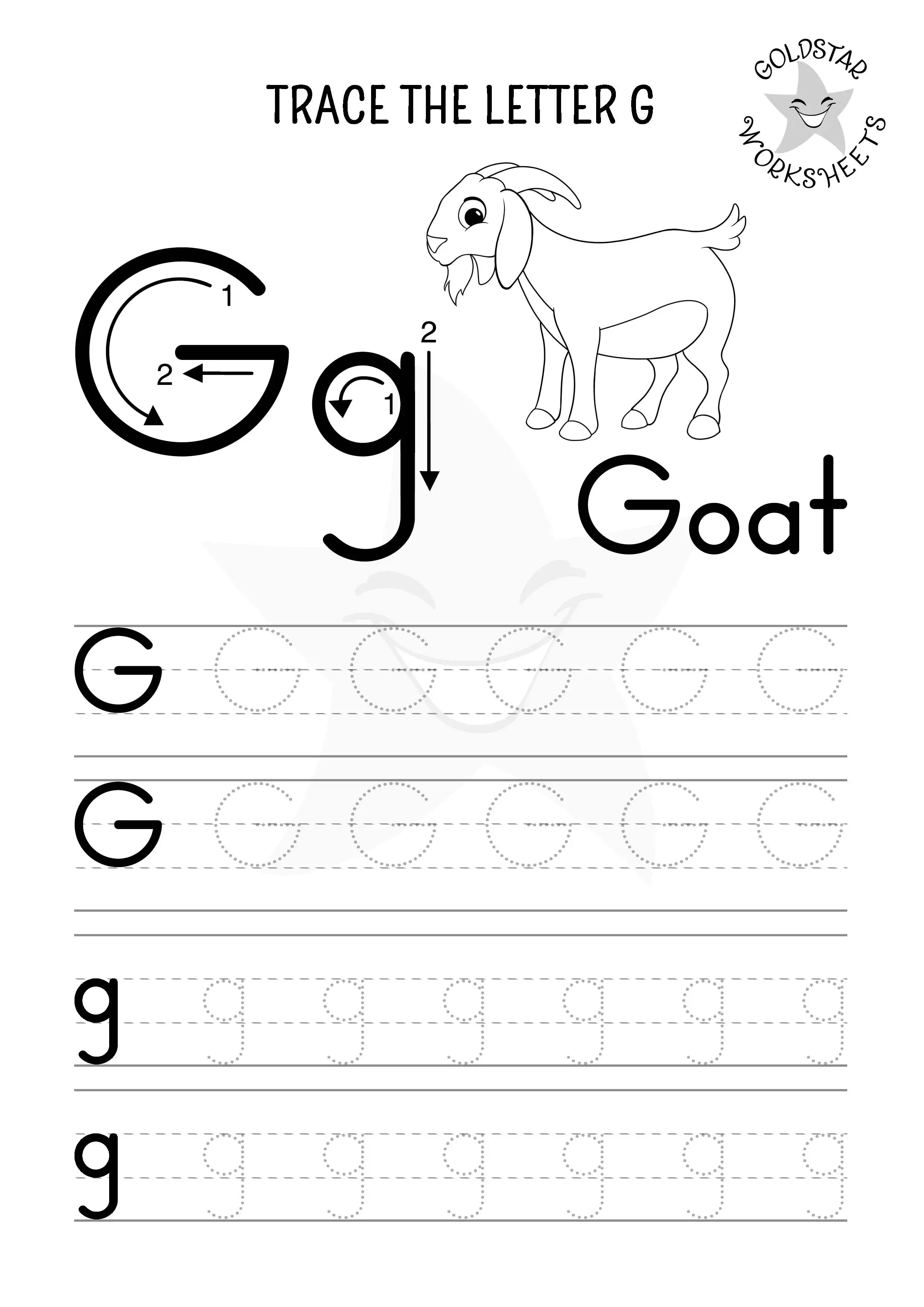 G for Goat – Uppercase and lowercase G tracing worksheet with colouring for kids.