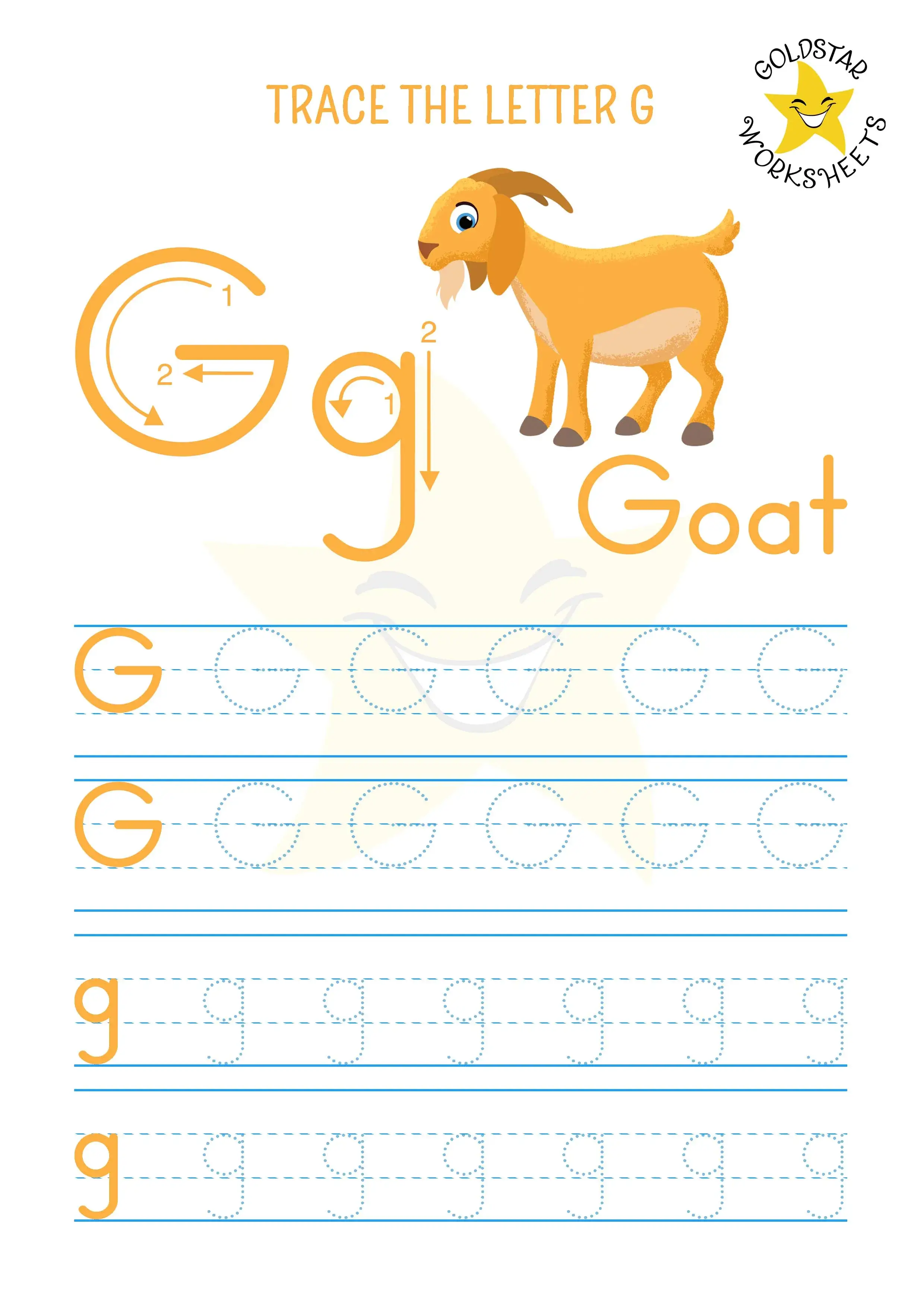 Mixed uppercase and lowercase Letter G tracing worksheet with a cute goat