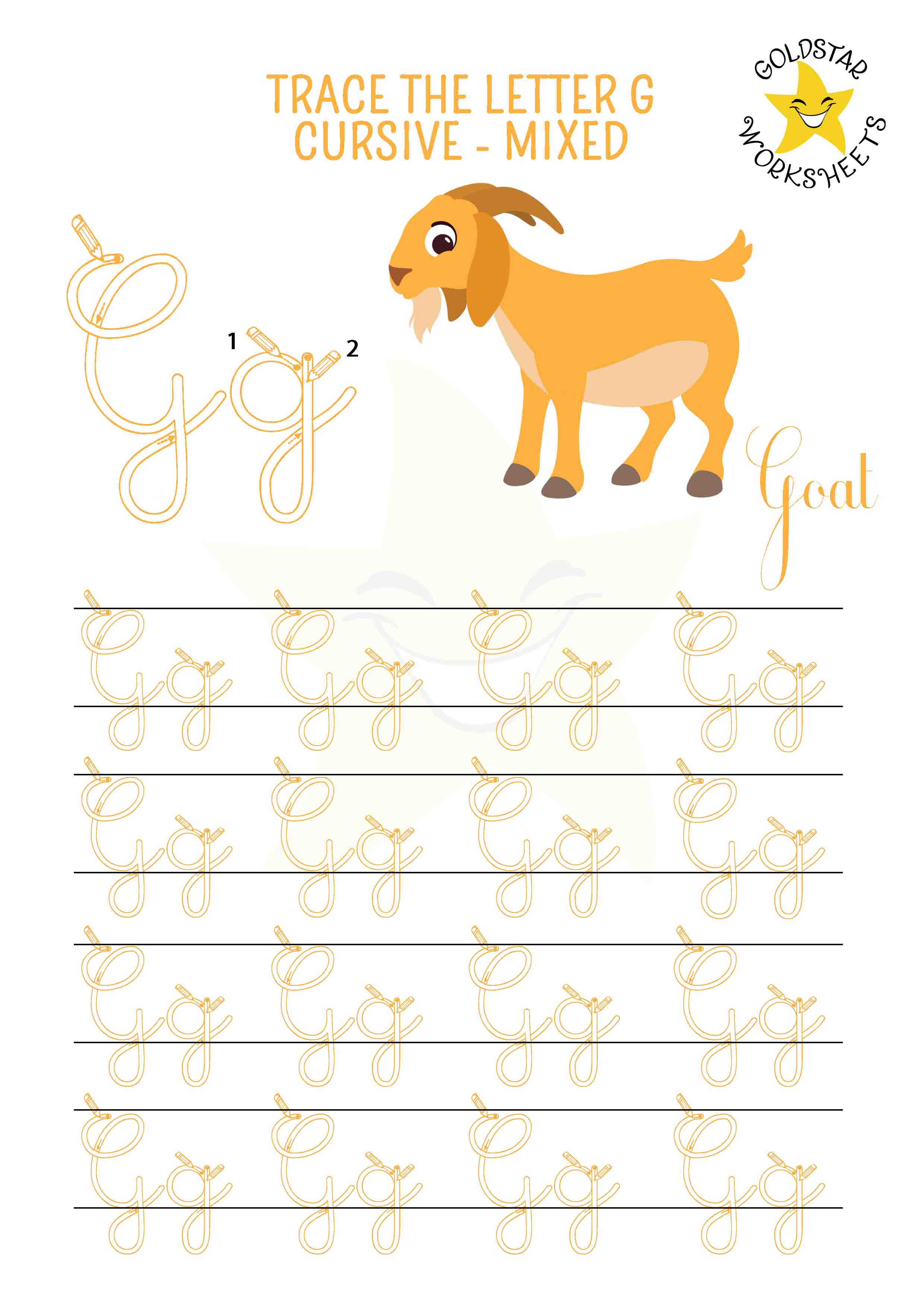 Uppercase and lowercase cursive letter G tracing worksheet. This mixed practise sheet features a cute goat. Free printable PDF for 2nd and 3rd grade kids practicing cursive handwriting. 4 rows of capital G and small g writing includes directional arrows and stroke order.