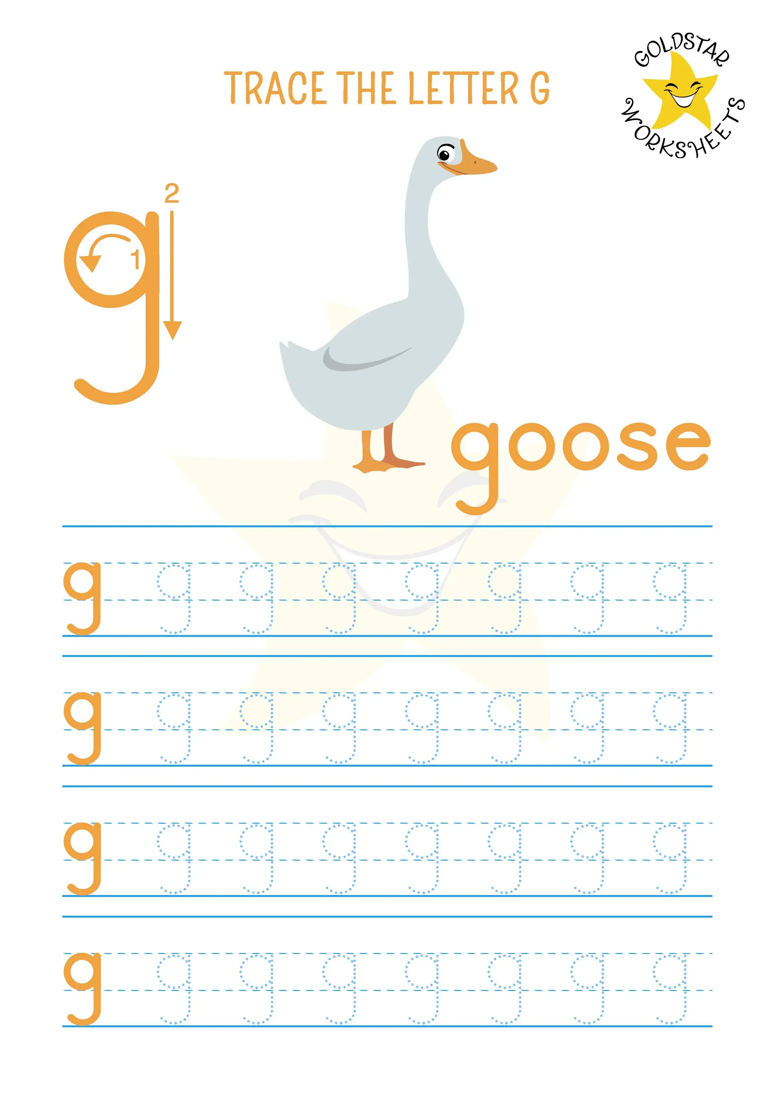 Lowercase Letter G tracing worksheet featuring a cute goose