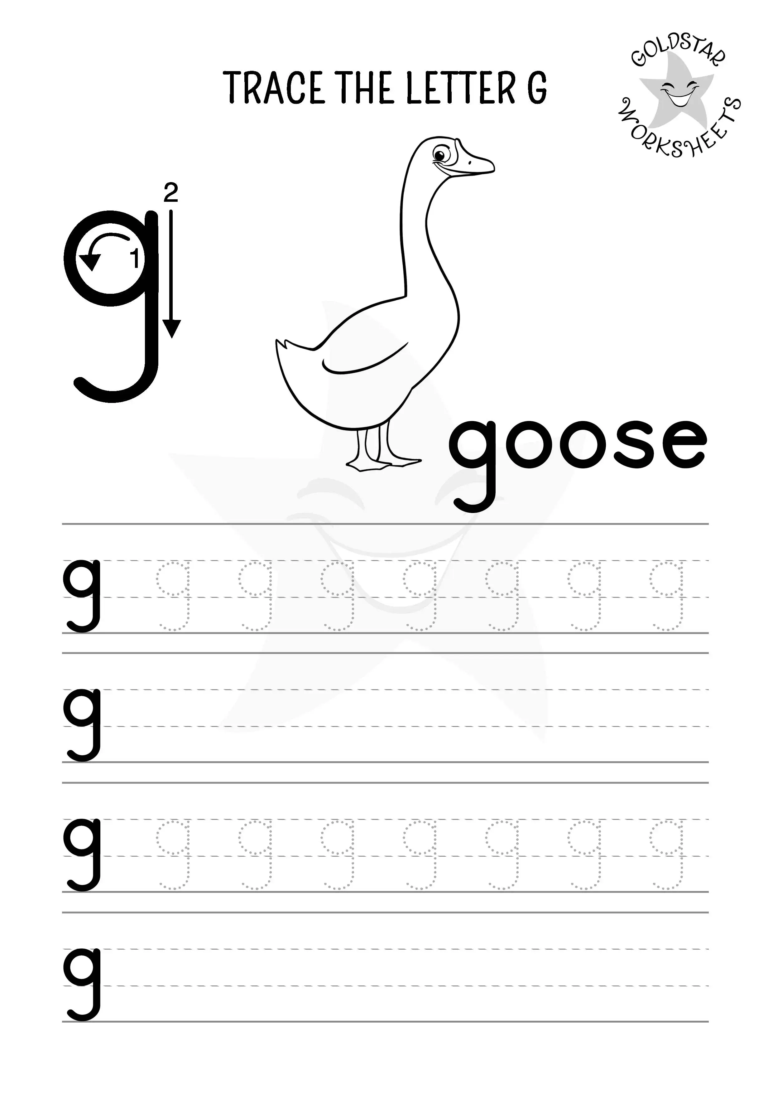 Lowercase Letter G tracing, writing, and coloring worksheet featuring a cute goose