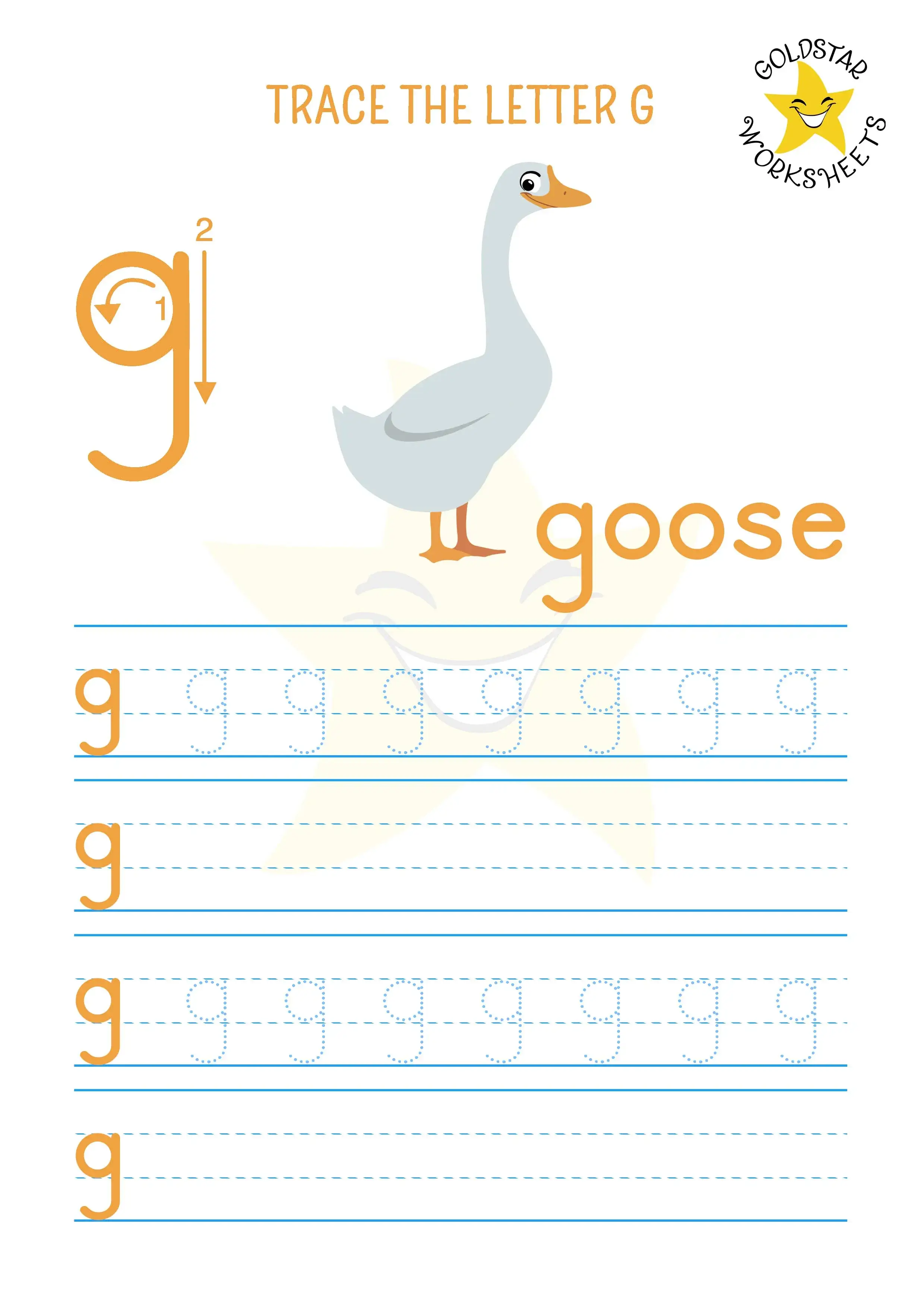 Lowercase Letter G tracing and writing worksheet featuring a cute goose