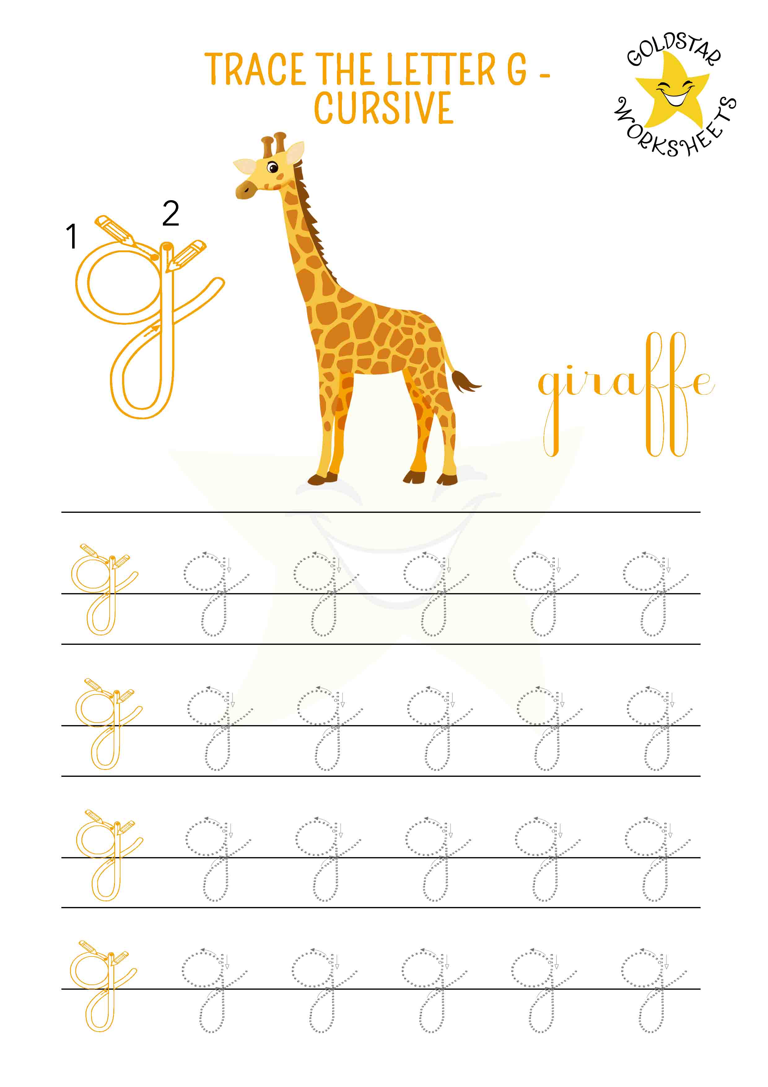 Lowercase cursive letter g tracing worksheet with a gentle giraffe design. Perfect for kids' handwriting practice. 4 rows of small h writing with stroke order and directional arrows.