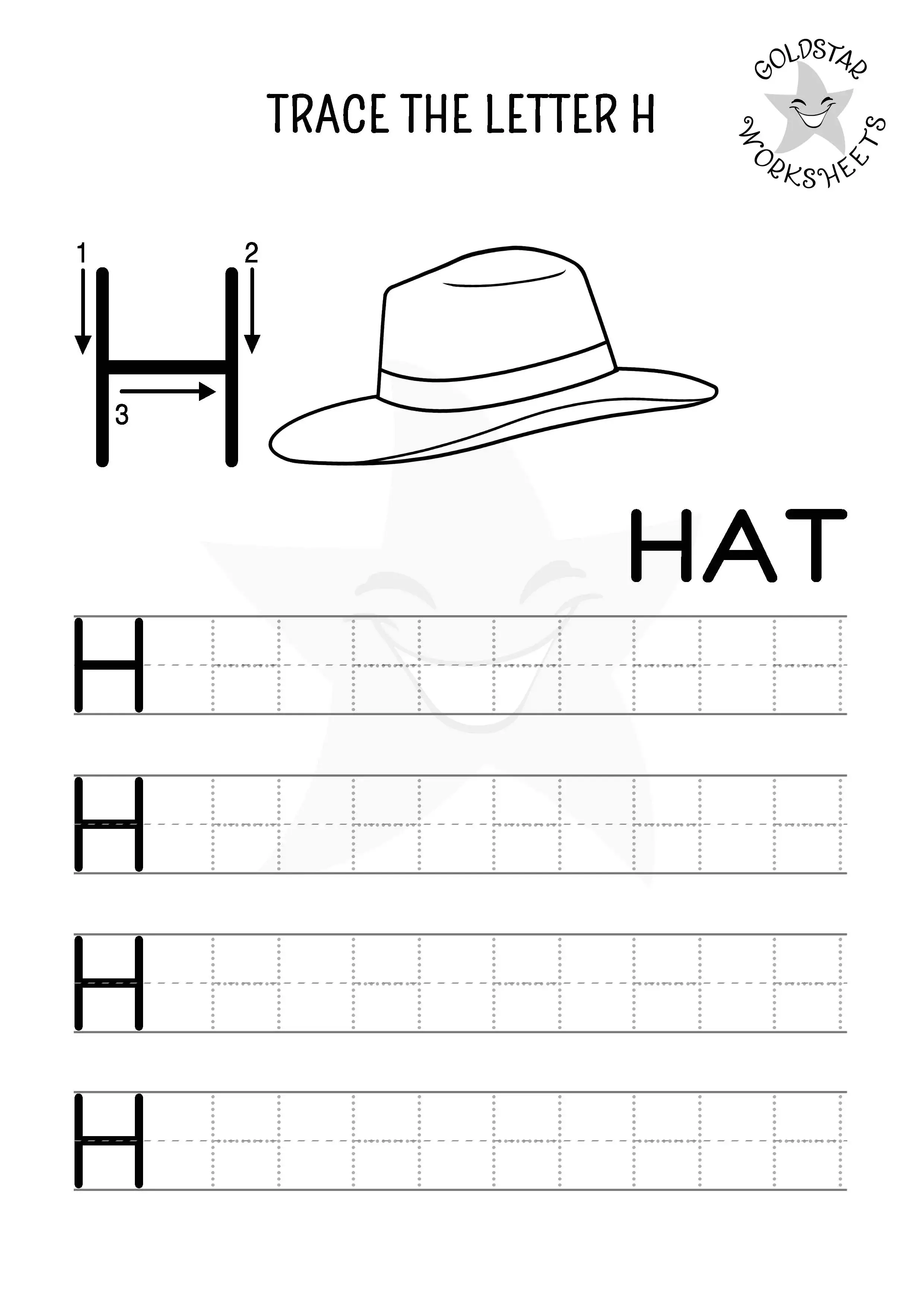 Uppercase letter H tracing worksheet with a cool hat - Black and White for Kids to Color in
