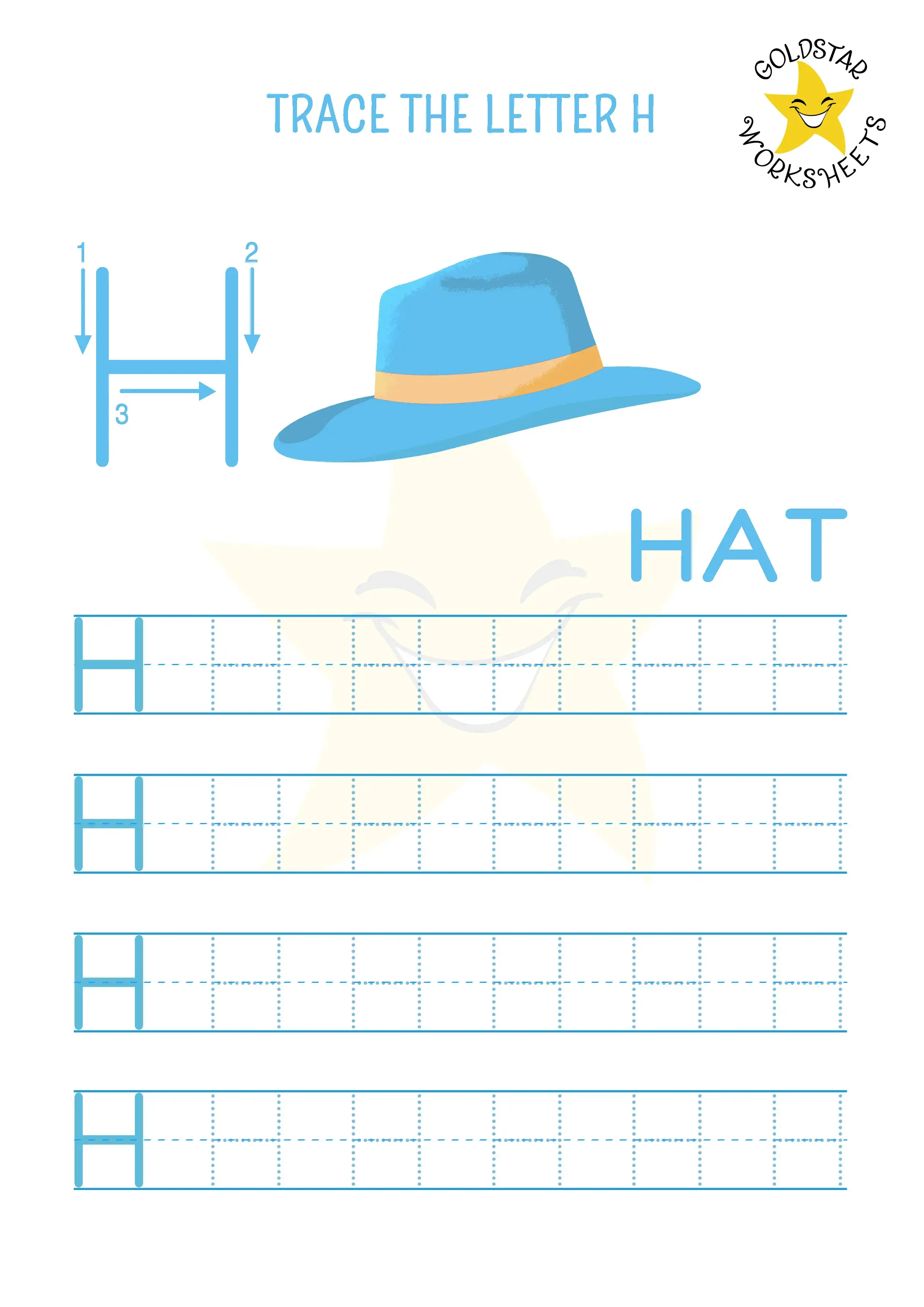 Uppercase letter H tracing worksheet with a cute hat