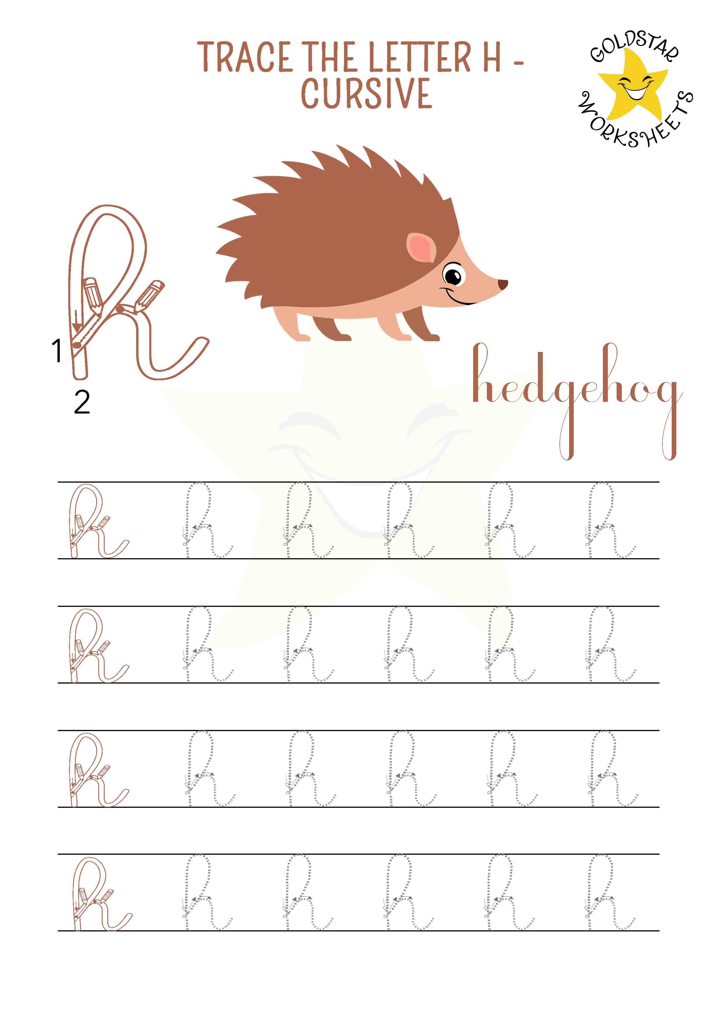 Lowercase cursive letter h tracing worksheet with a happy hedgehog design. Free printable for fun handwriting practice. 4 rows of small h writing with stroke order and directional arrows.