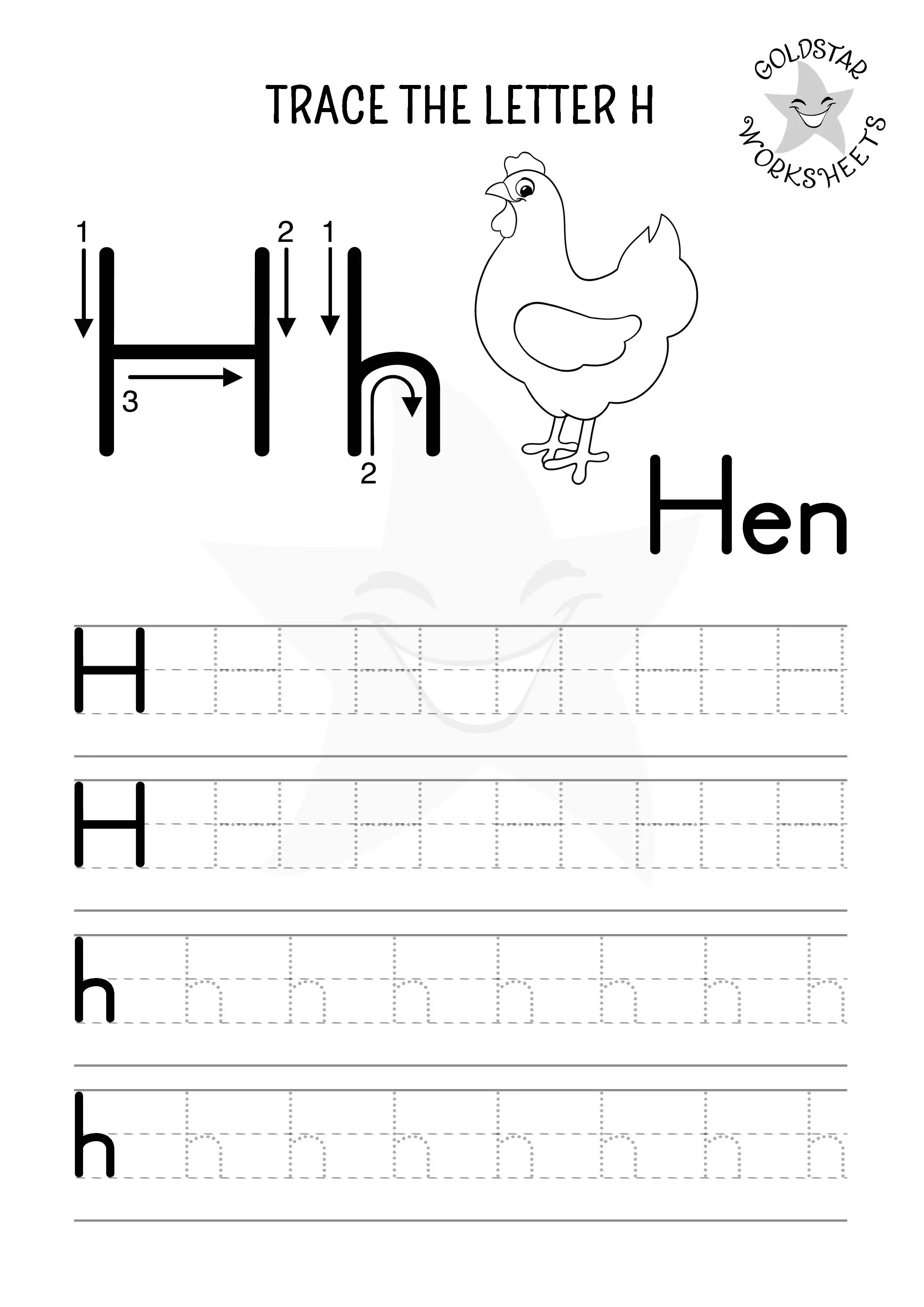 H for Hen – Printable H tracing worksheet in black and white, includes space for coloring and practicing upper and lowercase h.